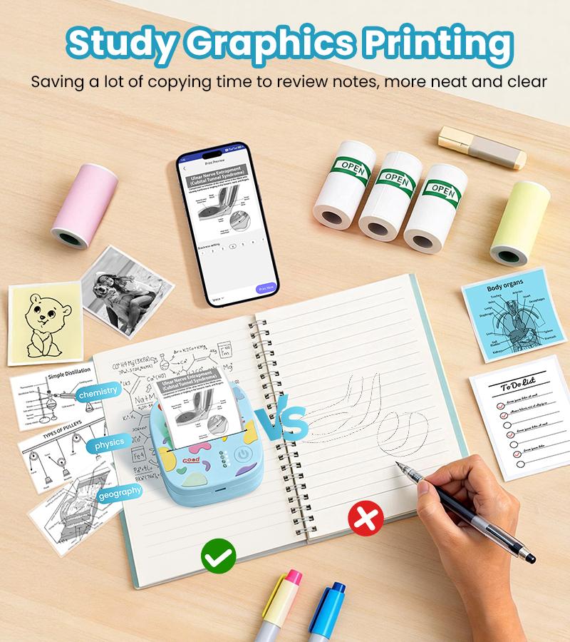 [mothersdaygift] XenGro Mini Printer Bluetooth included 3 Roll label Thermal Pocket Printer,Inkless Small printer B&W Printing Only for Photos, Study Notes, Lists,Memos, Journals Printing Machine Sticky Label, Birthday Gifts for Kids Girls Boys Blue