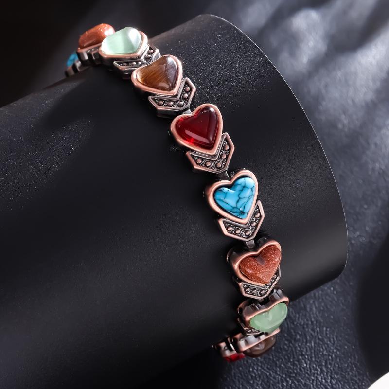 Women's Vintage Red Copper Heart Motif Healing Crystal Magnetic Therapy Bracelet - Multi-Color Natural Stone Link, Adjustable Size Ladies Wear Jewelry, Gift Ideas for Women, Link Bracelet