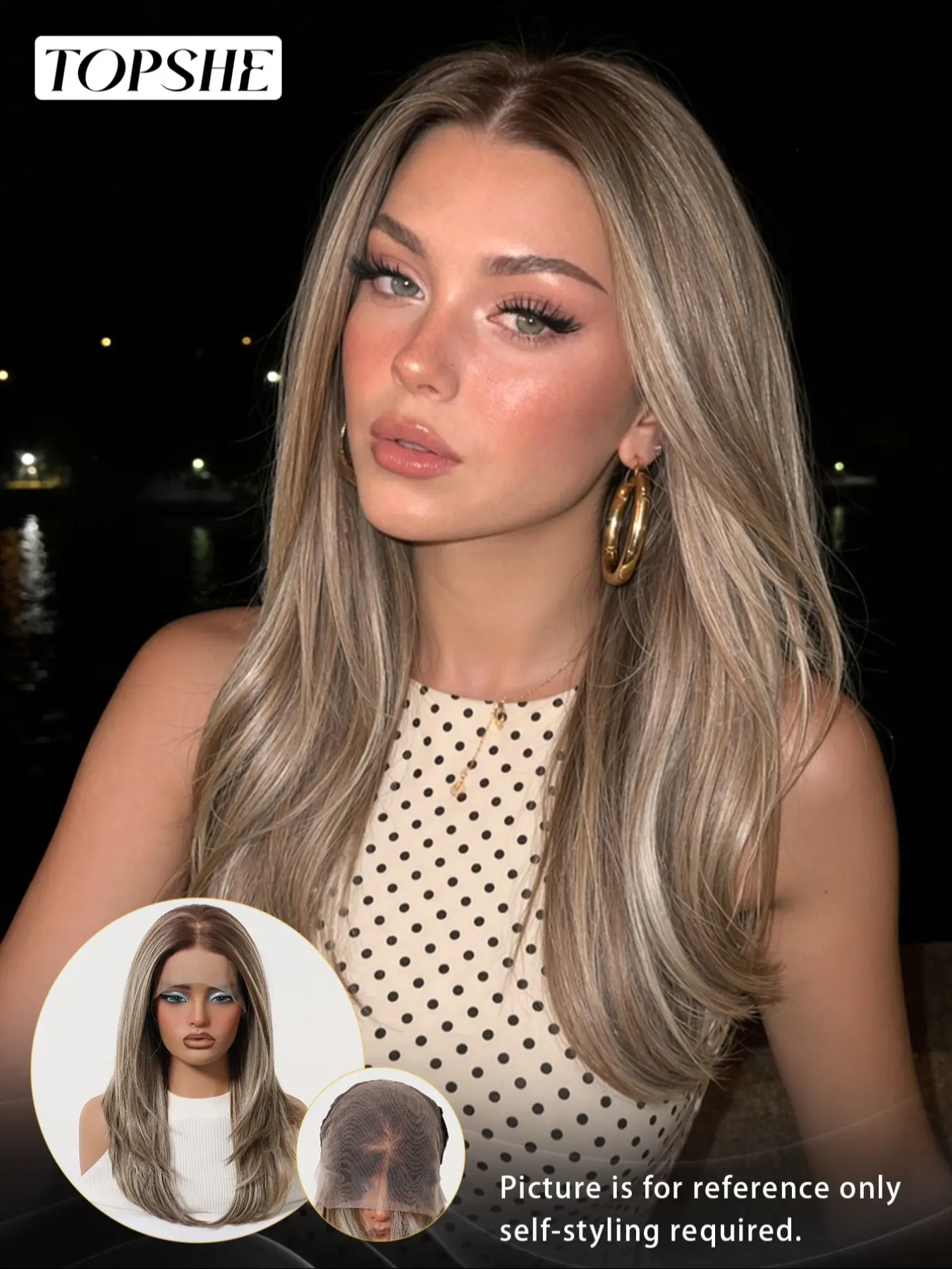 Topshe Hot Selling 13×6 Wide Lace Front Long Layer Straight Wig, Chestnut Brown With Ice Ash Balayage Highlights, Pre Plucked Natural Baby Hairline, Futura Heat Resistant Synthetic Fiber, Glueless Wear & Go For Daily Makeup, Party & Photoshoot