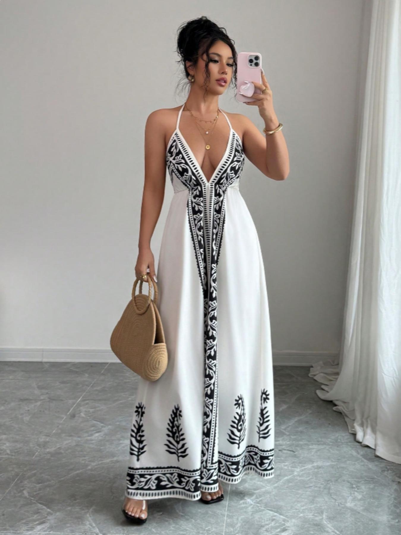 Women's Printed V Neck Dress, Casual Long Sleeve A-Line Dress, Elegant Floral Pattern, Perfect for Spring & Fall Fashion