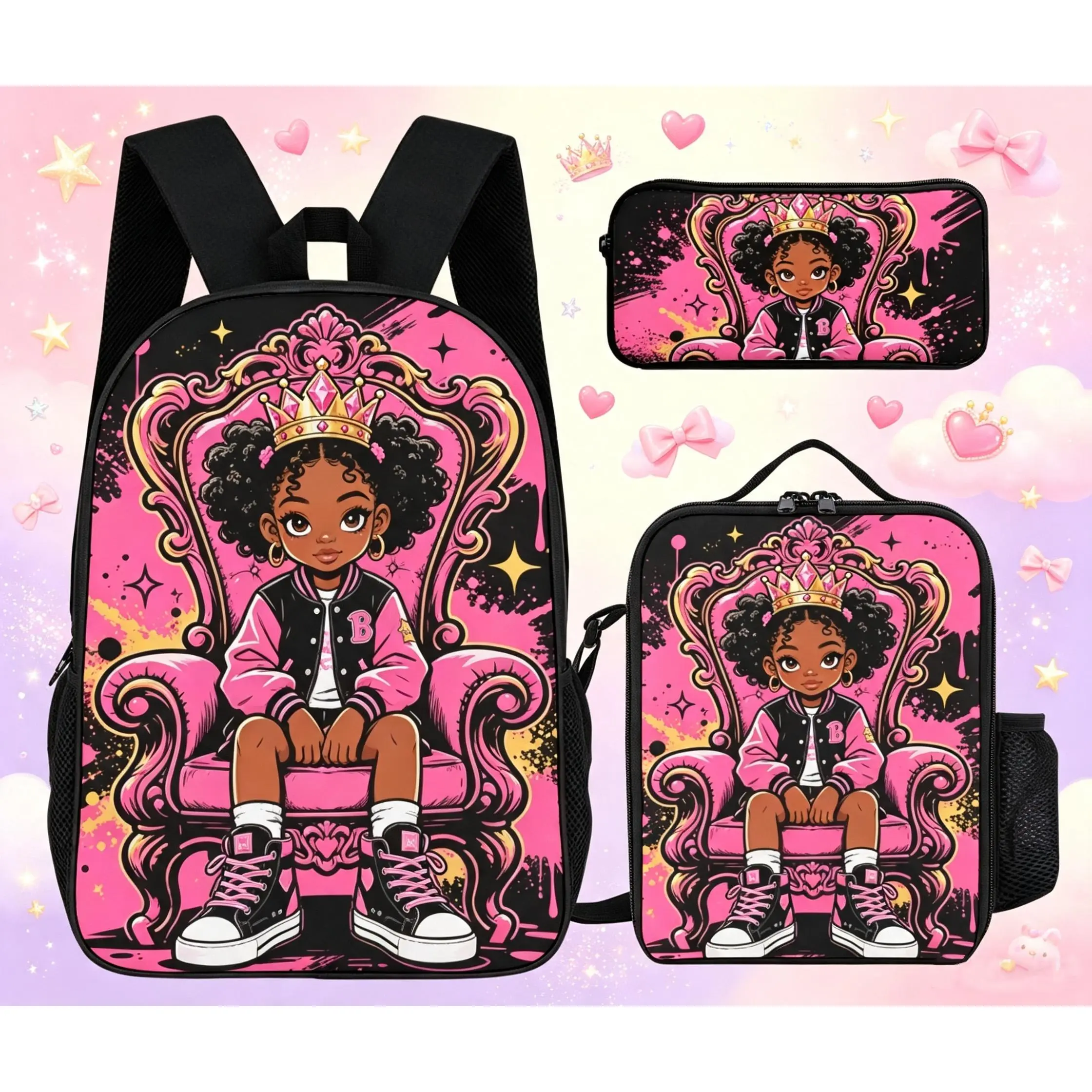 Girls' school backpack set - Pink princess crown cartoon print - Suitable for daily use by students - Travel lunch bag - Pencil case - 3-piece set - Must-have for back-to-school season - Backpack