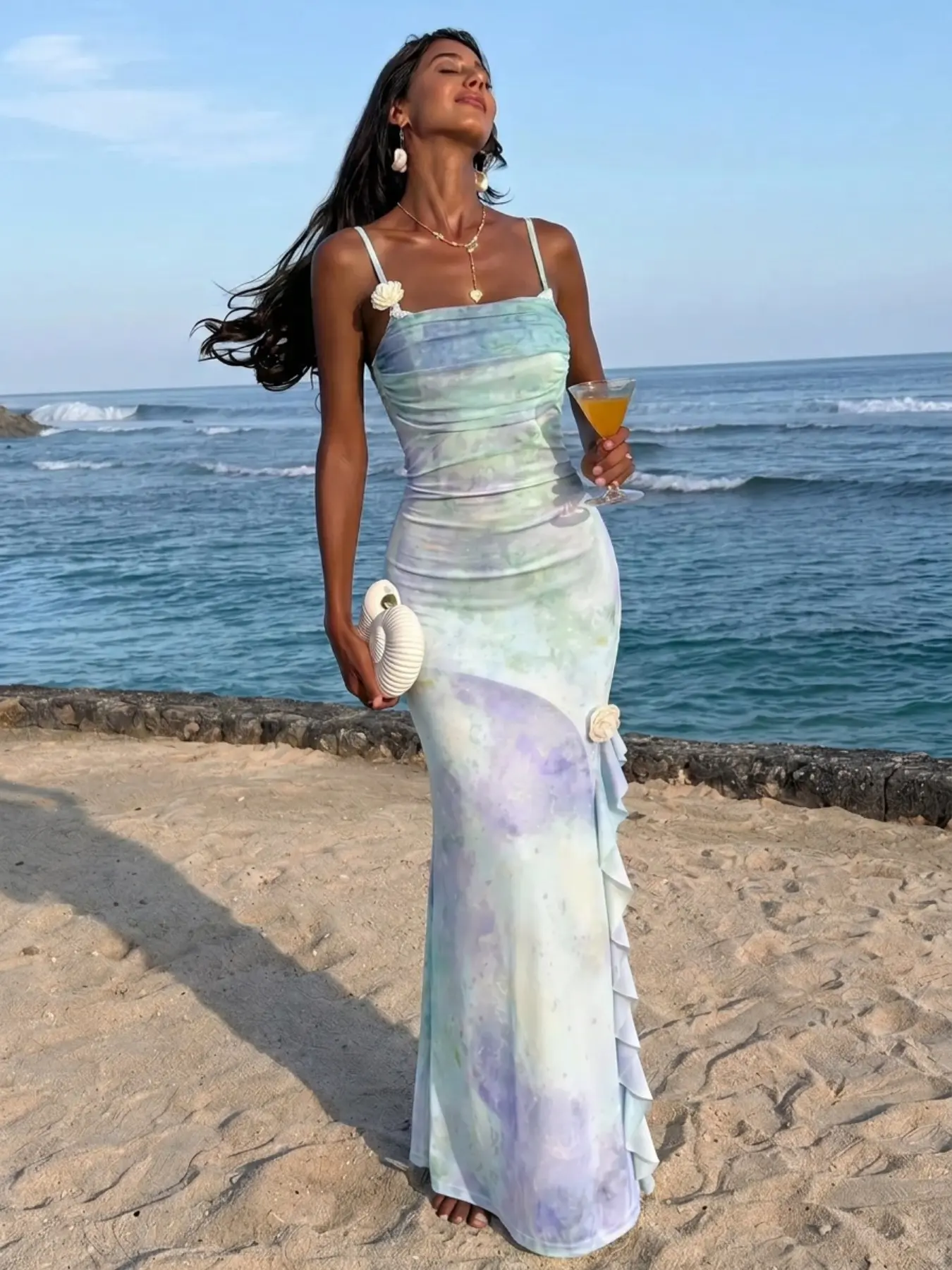 Dreamy watercolor gradient thin-strap mermaid dress, Spaghetti strap, lace ruffle cowl neck with 3D floral appliqués, side draped ruffle trim, figure-flattering height-enhancing midi gown perfect for beach vacations, seaside dinners