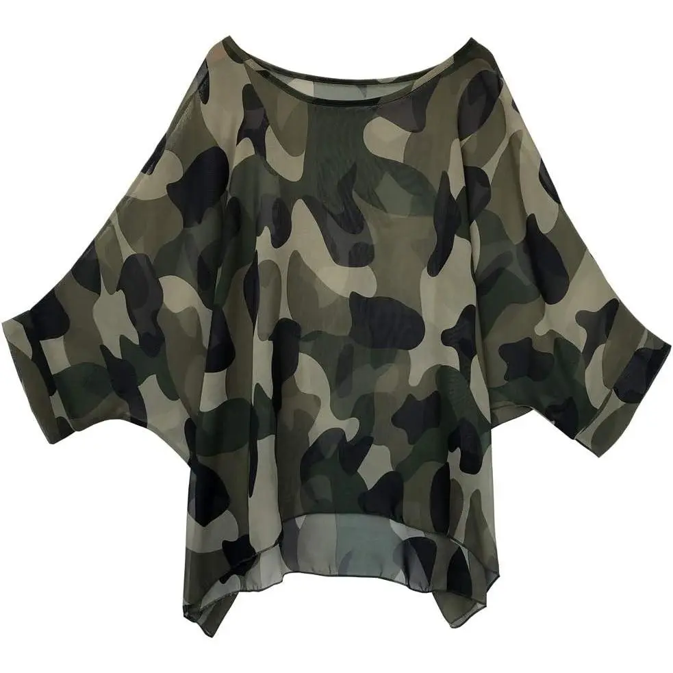 Women's Loose Batwing Chiffon Top with Camouflage Print - Kimono Poncho Tunic Kaftan Cover UpGift