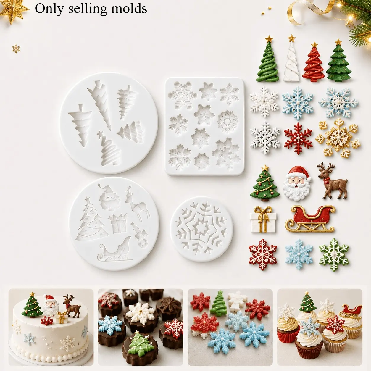 4Pcs Christmas Silicone Fondant Mold Set, Snowflake Christmas Tree Santa Reindeer Sleigh Cake Topper Mould for Cake Decorating, Chocolate Candy, Gum Paste, Sugar Paste, Cupcake Cookie Dessert Decorations, Holiday Baking Party