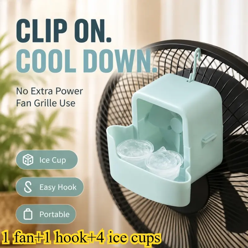 Portable Fan Cooling Kit with 4 Reusable Ice Cups and Hook, No Power Needed, Swivel Design, Efficient Summer Cooling for Handheld and Floor Fans