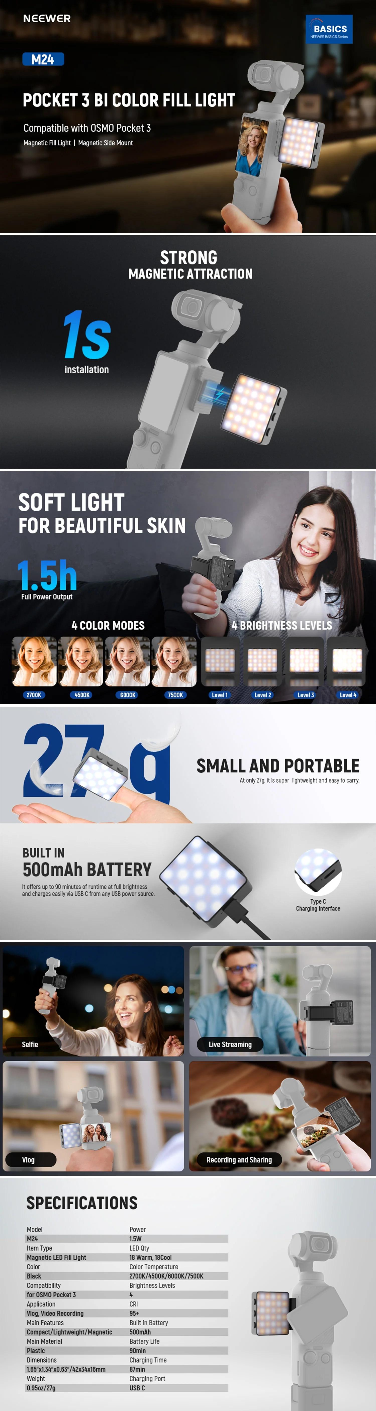 Neewer LED Light for Dji Pocket 3, Dual Color Soft Light, Portable Square Flashlight, Rechargeable with Magnetic Stand, Ideal for Photography