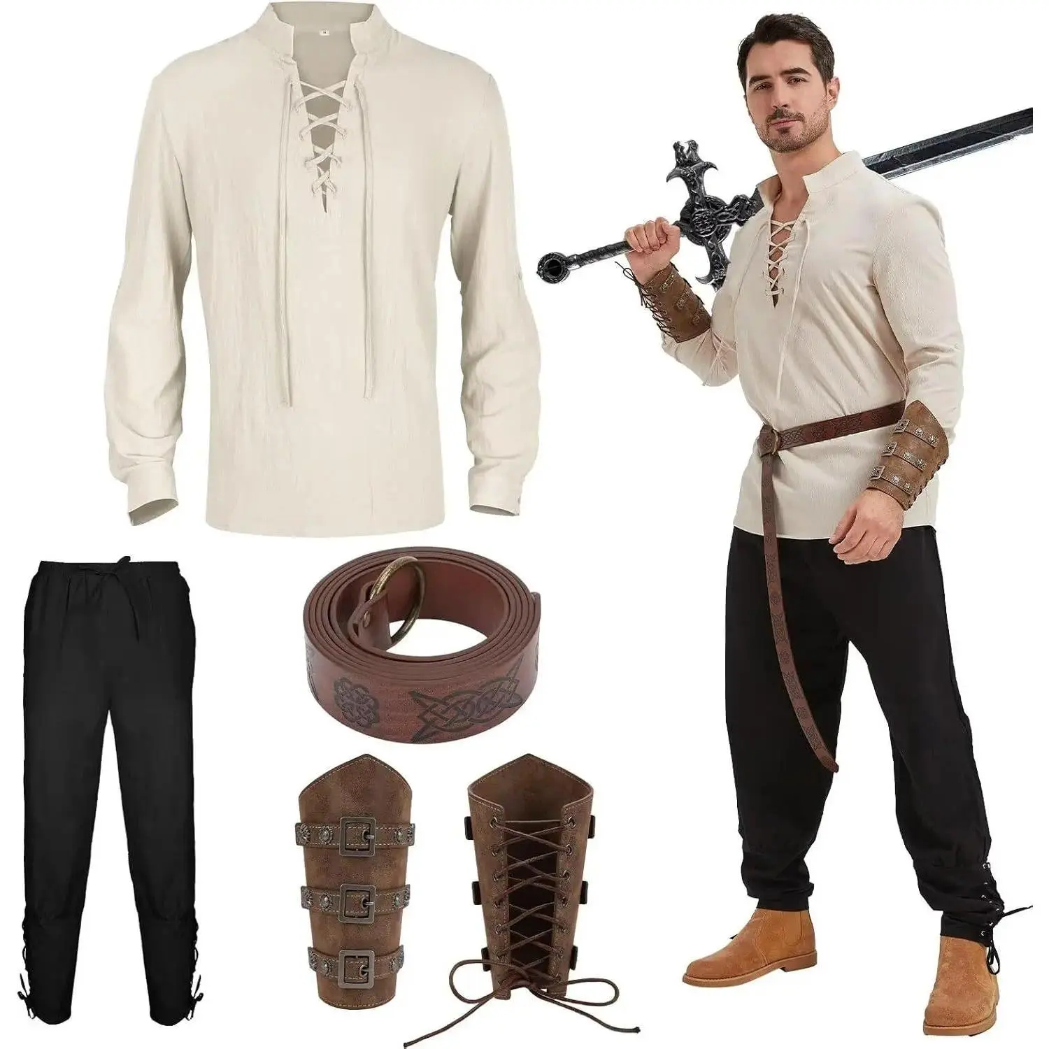 5 Pcs Men Six Piece Medieval Pirate Set Viking Style Halloween Renaissance Costume
