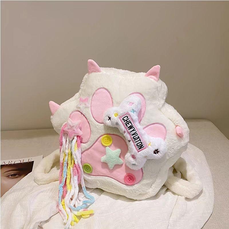 Autumn and winter sweet and cute cartoon Y2K plush cat paw bone backpack for girls, large capacity daily commuter bag, birthday gift