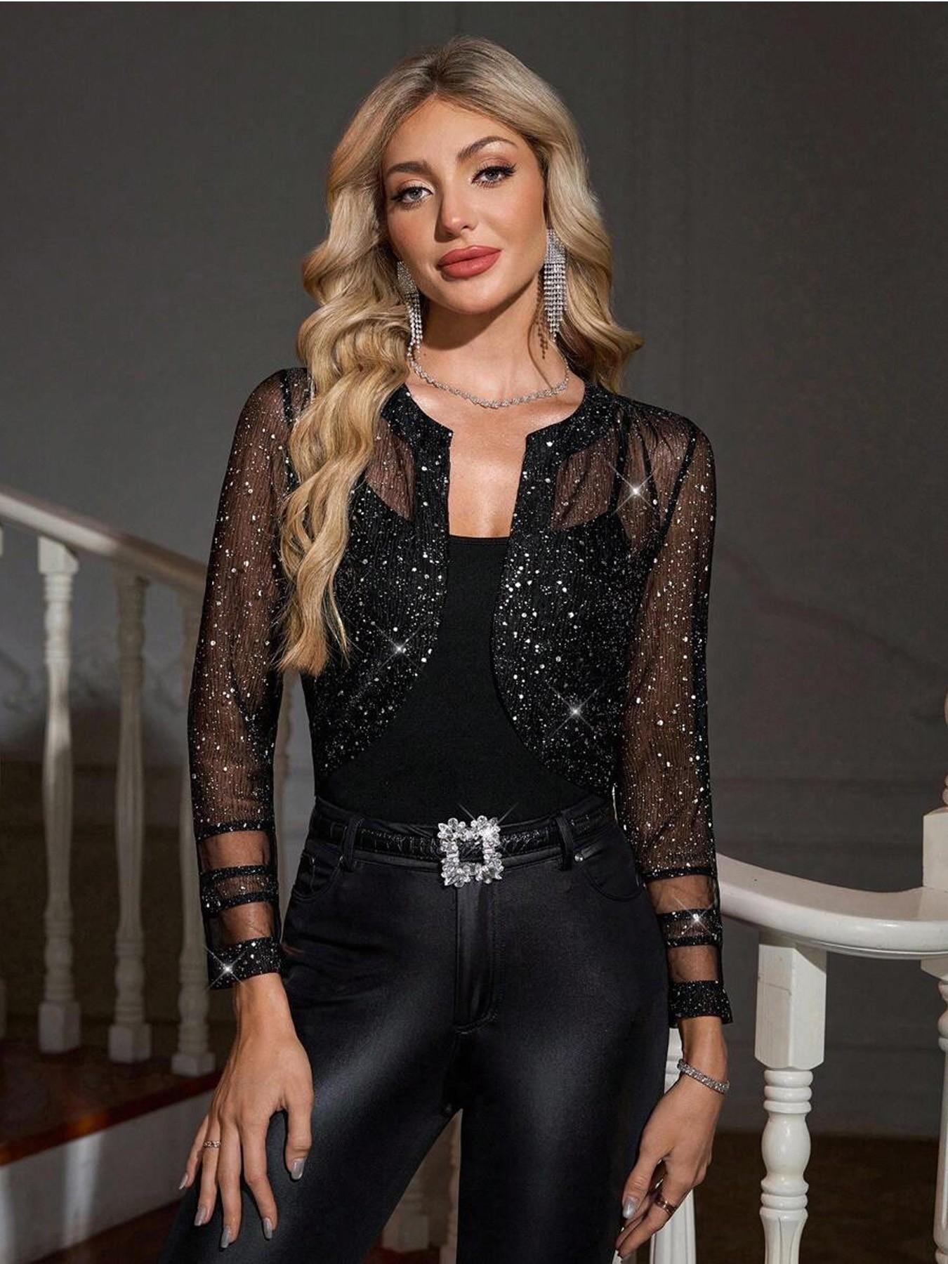 Sparkling Sheer Mesh Sequin Short Cardigan, Luxurious Atmosphere, Versatile Style, Perfect for Parties, Light Social Events, Evening