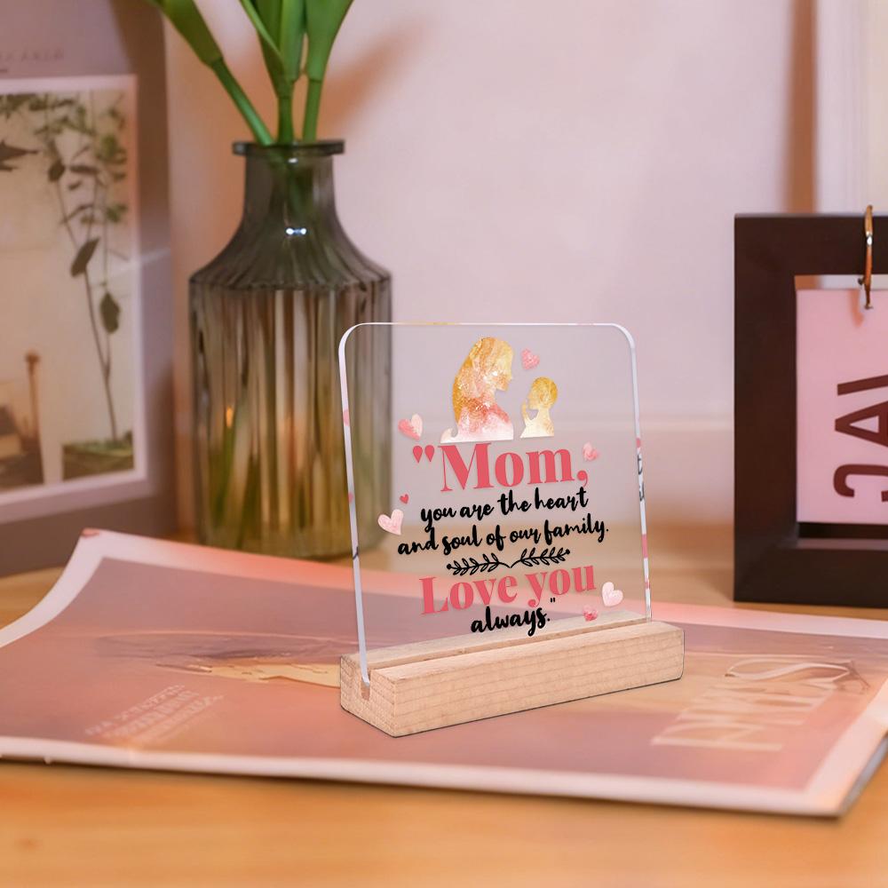 1pc Mother Gift Acrylic Ornament Sign With Wooden Base, Warm Heart Love Quote Design, Ideal Gift For Mother On Mother'S Day/Birthday, Suitable For Home, Desktop, Room, Festival, Bedside Table Decoration