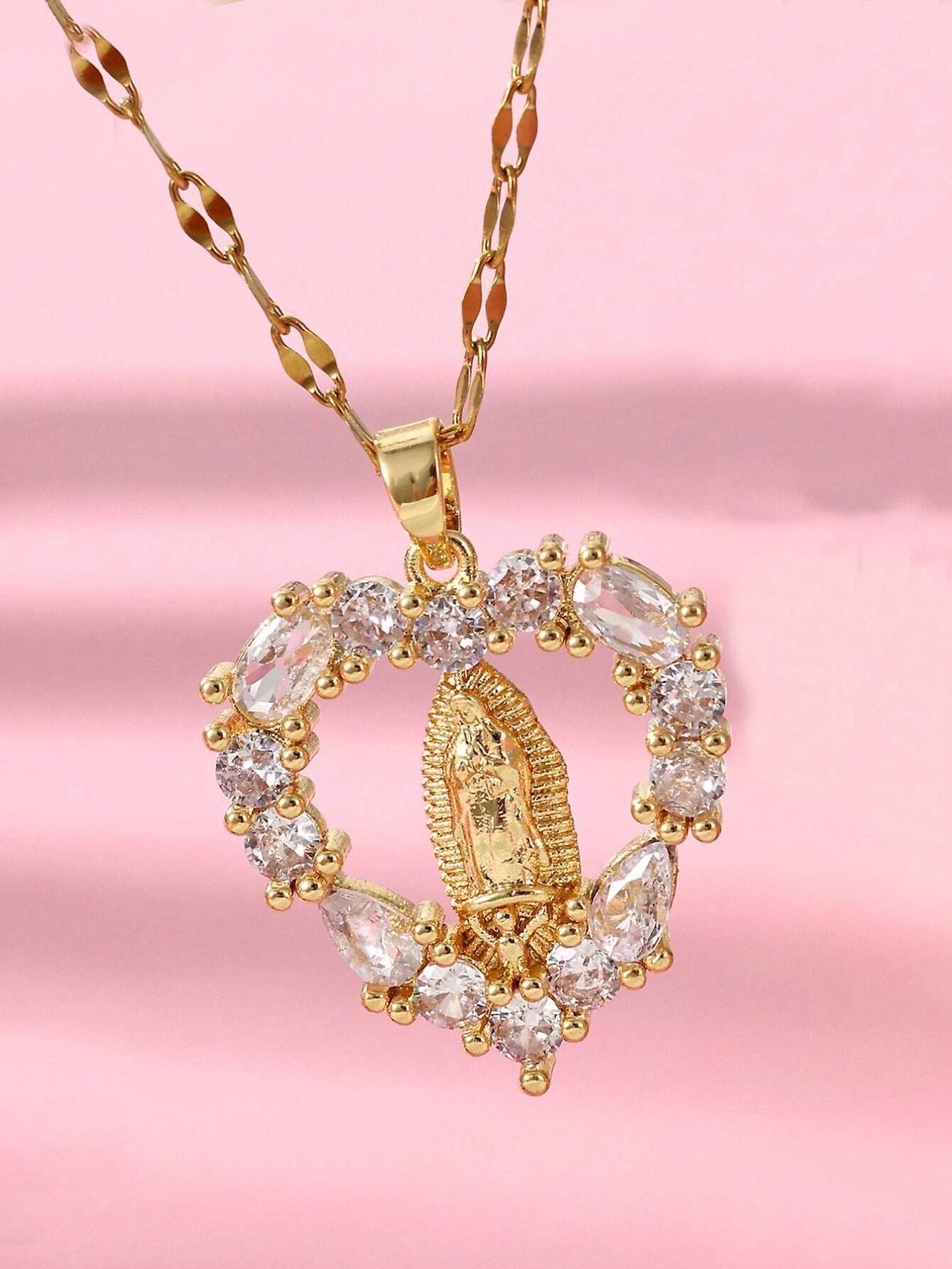 Elegant Virgin Mary Heart Shaped Zircon Pendant Necklace, Fashionable Simple Design for Women, Daily Prayer Versatile Personalized Jewelry, Sentimental Necklaces, Sparkling CZ Necklace, Zirconia Neck Chain