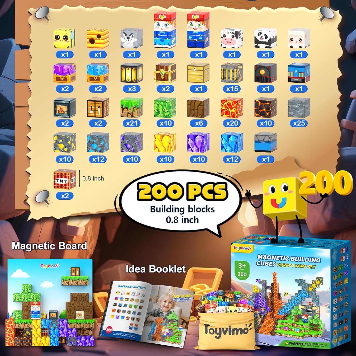 200PCS Magnetic Blocks Toys with Storage Bag Magnetic Board Sensory Toys Stacking Blocks, Build Mine Magnet World Birthday Gifts