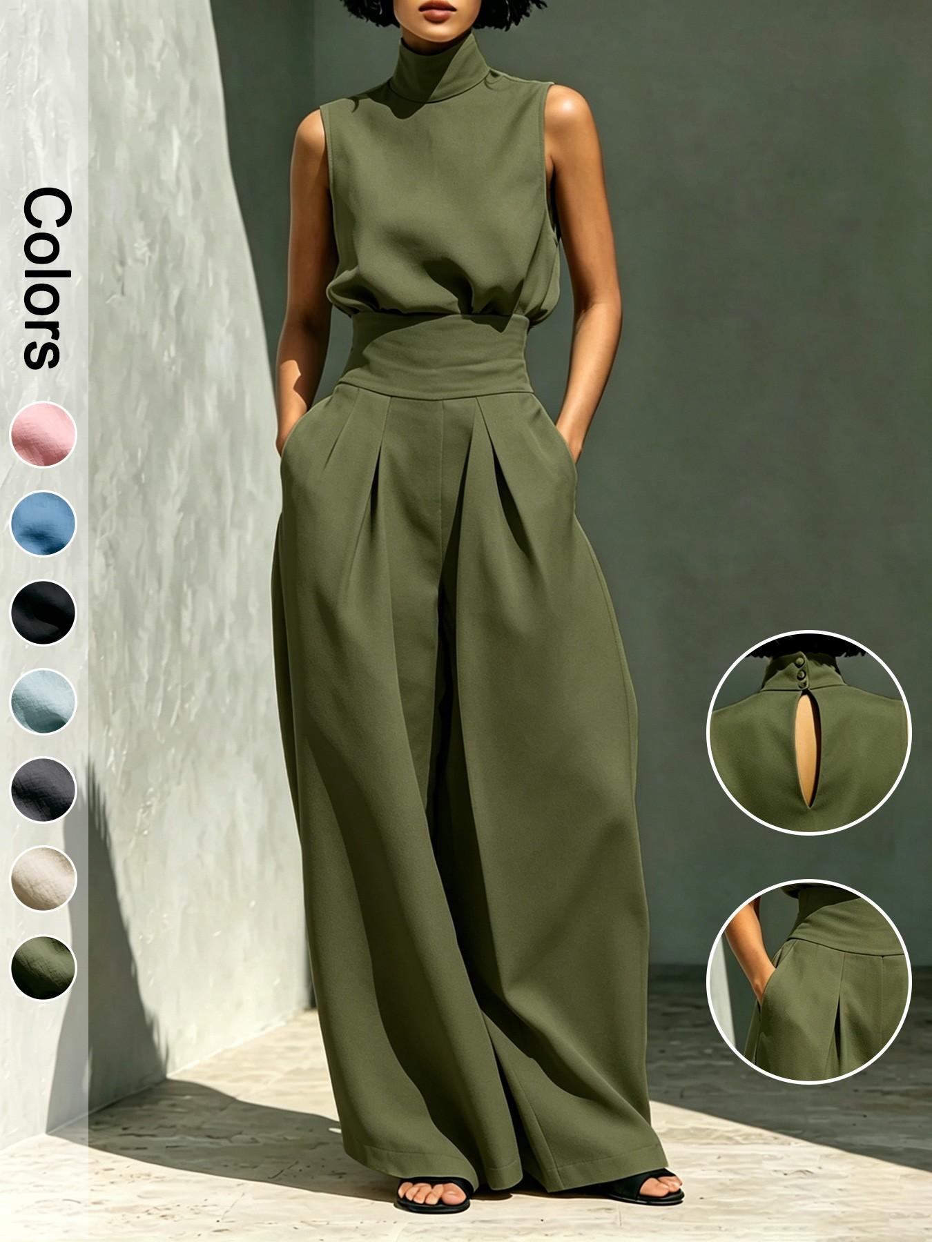 Women's Two-Piece Set High Neck Sleeveless Top and Long Pants, Elegant Style High Waist Wide Leg Pants Set, Fashionable Ladies Women's Two-Piece Set High Neck Sleeveless Top and Long Pants, Elegant Style High Waist Wide Leg Pants Set, Fashionable Ladies