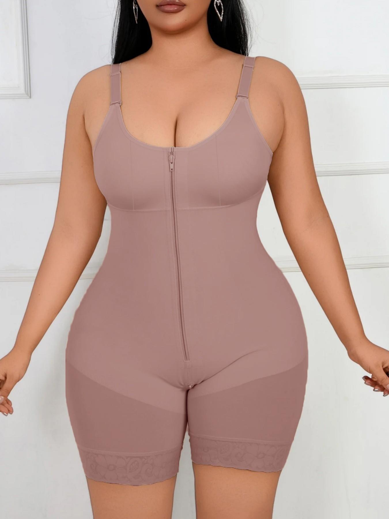 Lace Tummy Control Shapewear Bodysuit, Fajas, Colombian Shapewear, High Compression Shapewear, Butt Lifter Body Shaper With Zipper Crotch, Detachable Shoulder Strap Jumpsuit, Solid Waist Trainer, Underwear, Suitable For Daily Wear, Fitness