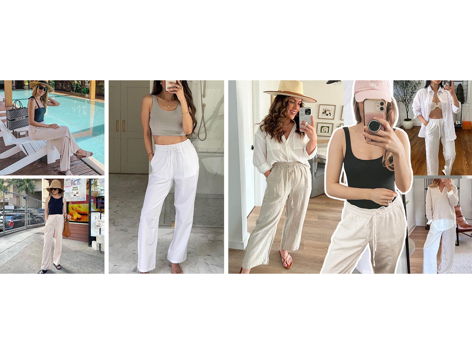 Yeokou Women's  Cotton Linen Summer Palazzo Pants Flowy Wide Leg Beach Trousers with Pockets