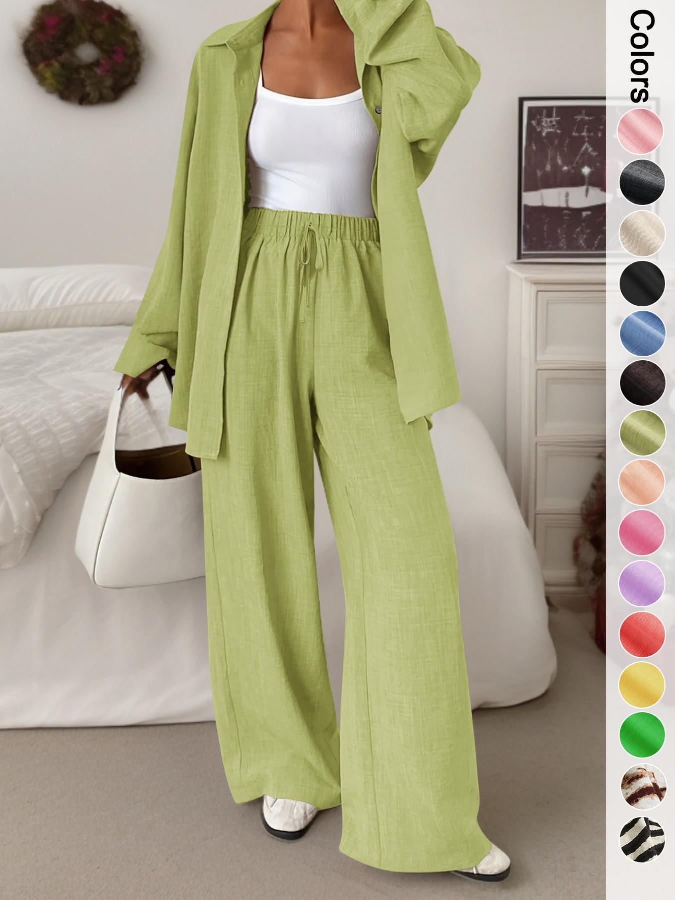 Women's Casual Sporty Shirt Long Pants Set, Loose Button-Up Top Wide Leg Pants Two-Piece Set, Comfortable and Stylish