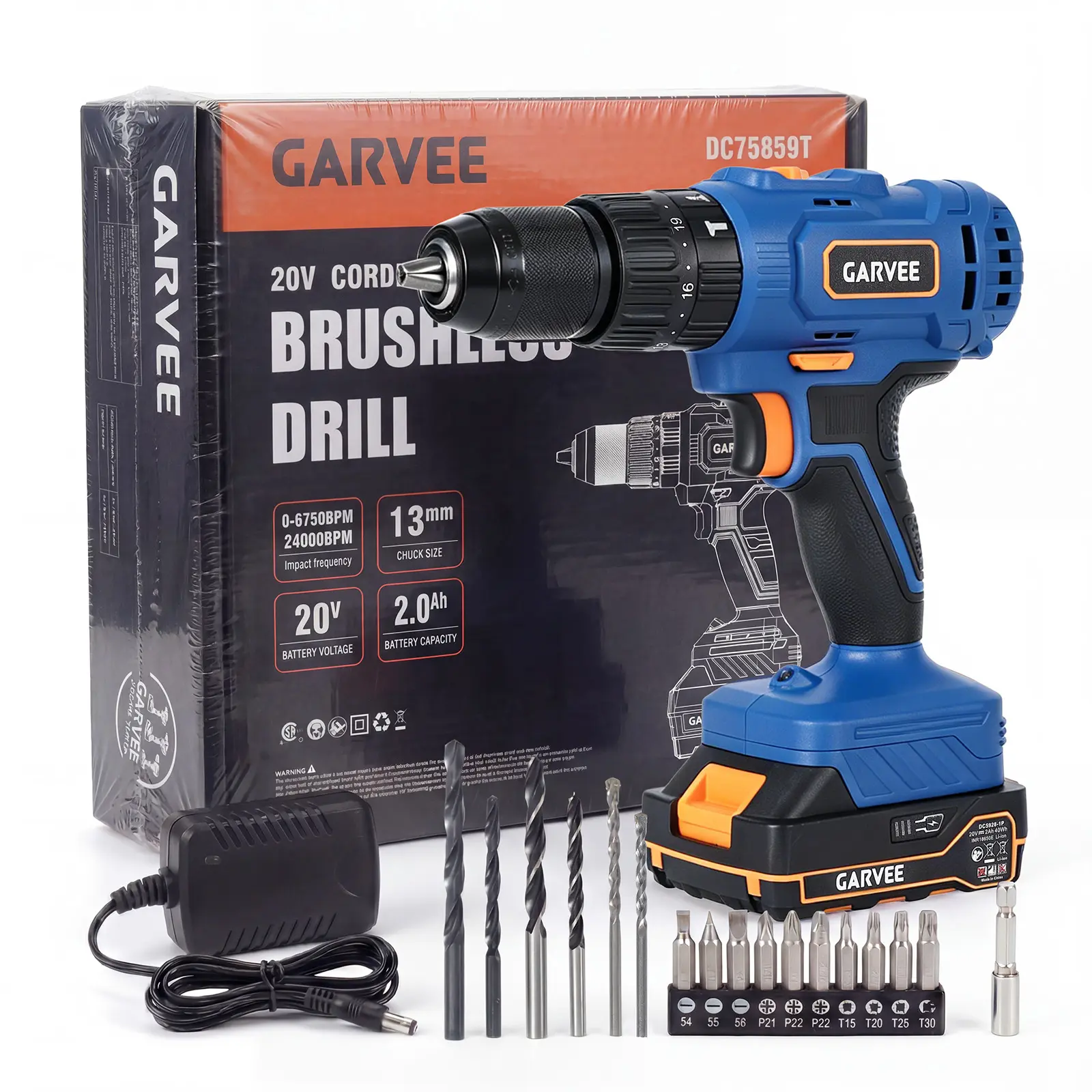 Garvee 18V (20V Max) Battery-Powered Hammer Drill/Driver Kit - 1/2 in (13mm) All-Metal Keyless Chuck, 45Nm Torque, 2-Speed, 20+1+1 Push-Button, LED Light, 2x 2.0Ah Batteries, Fast Charger, 20pc Accessories, All-Metal Chuck