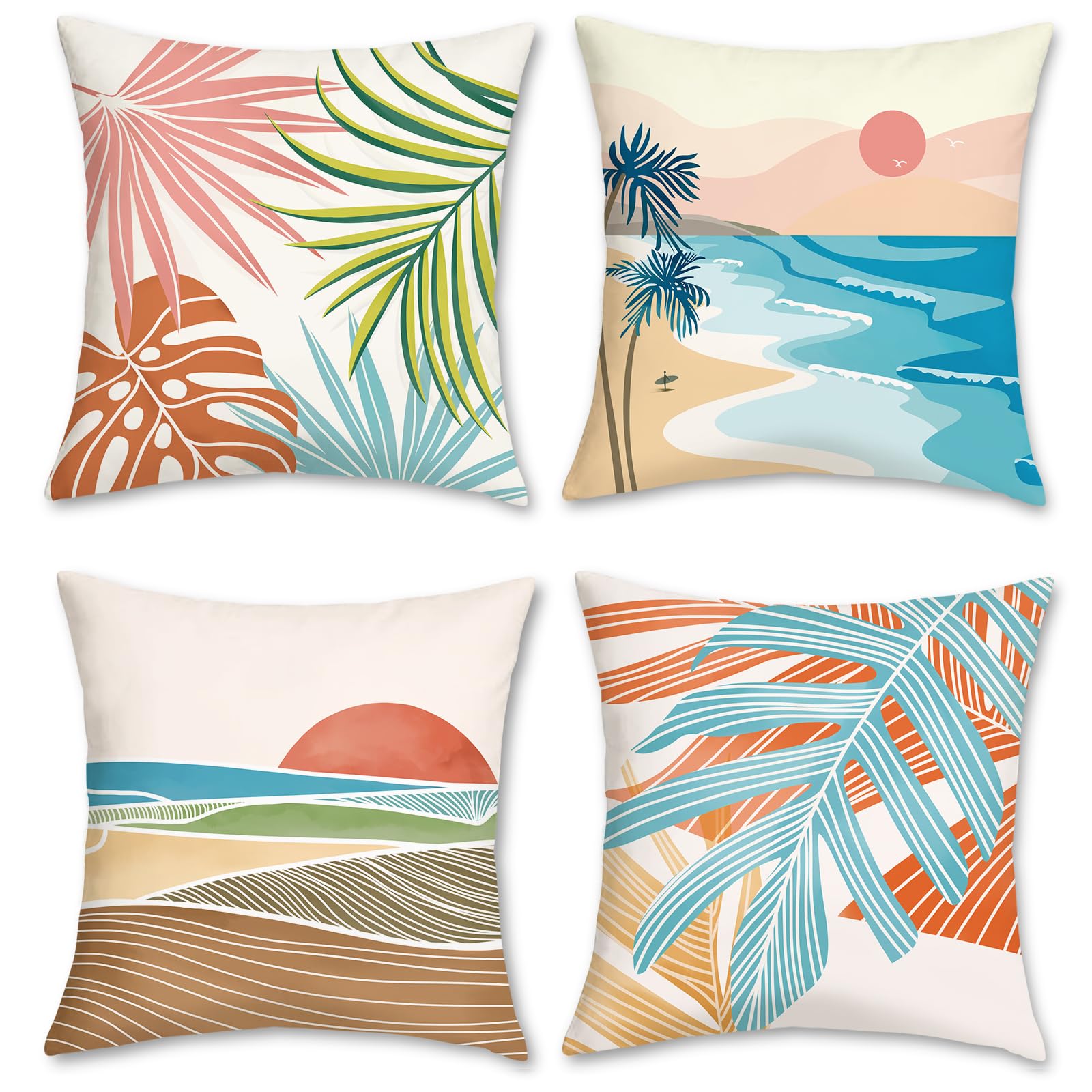 4-piece tropical breeze summer green palm leaf beach decorative throw pillow covers, with zipper closure, machine washable, suitable for living room, bedroom, sofa, car decoration, seat cushion covers, home decorations (only includes pillow covers, not in