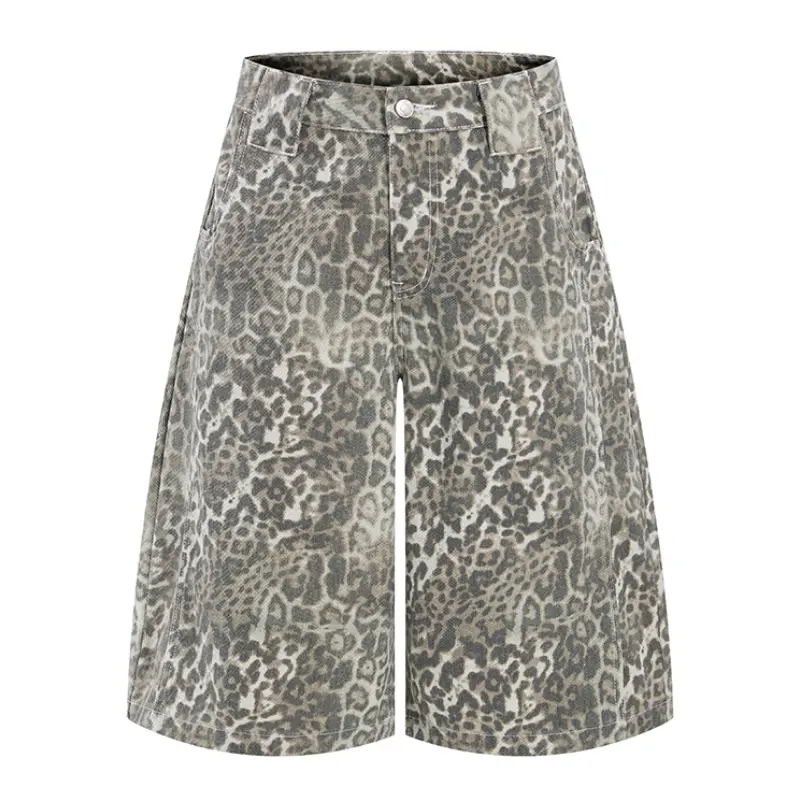 Men's Vintage Leopard Animal Print Cotton Blend Wide Leg Jorts - Button-Zip Fly, Classic Waistband Pockets, Loose Fit Knee-Length Denim Shorts, Machine Wash Street Casual Bottoms