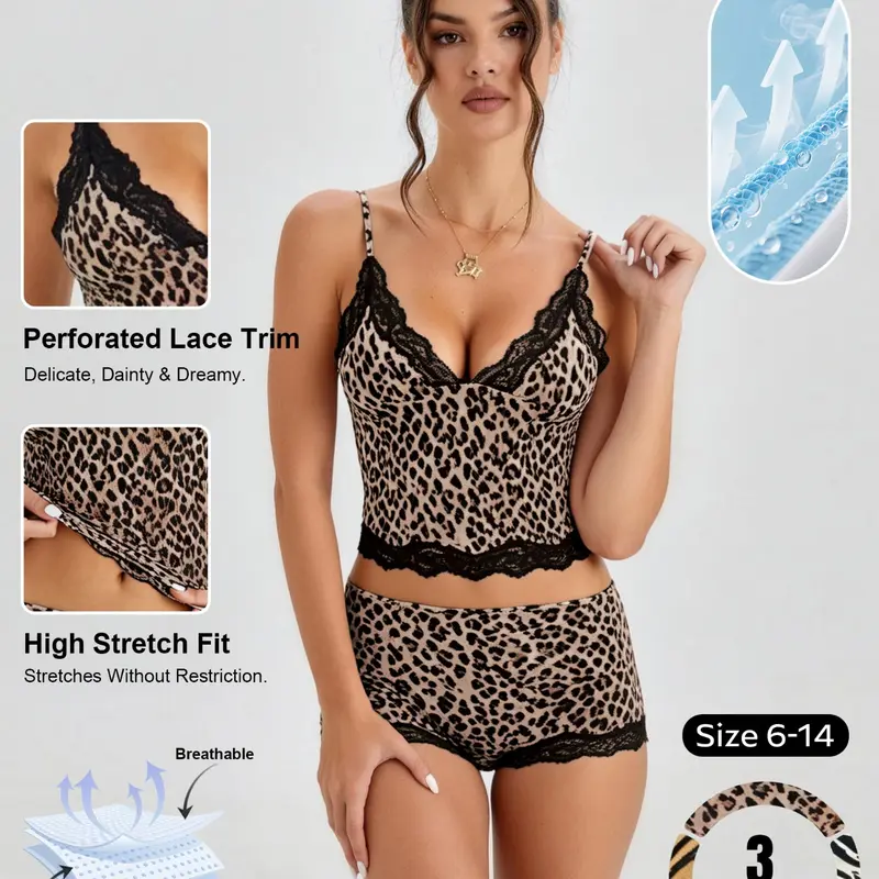 Women's Soft Spaghetti Strap Animal Print Lace Trim Wirefree Quick-Drying Bralette & Panties Set, Casual Lightweight Flattering Underwear Set, Breathable Womenswear#TikTokMadeMeBuyIt #CasualChic#MatchingSet