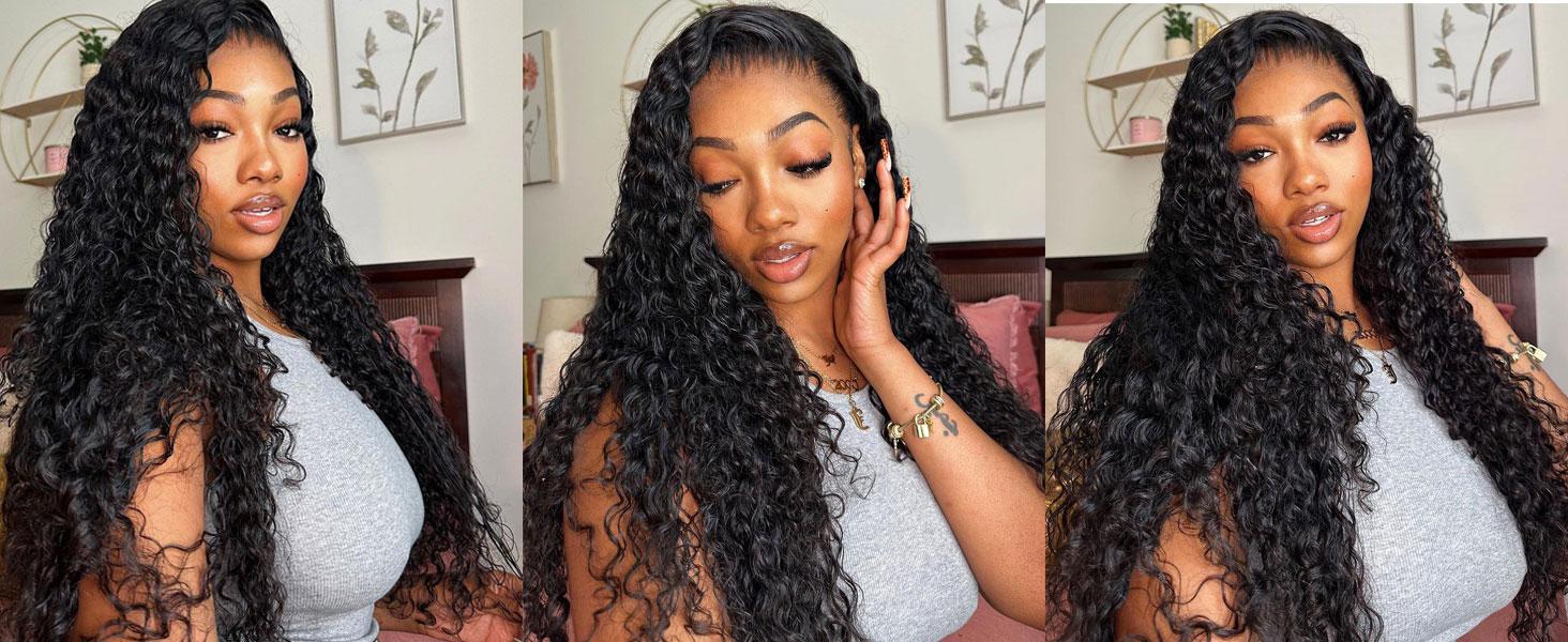 30 Inch Deep Wave Lace Front Wigs Human Hair 180% Density 13x4 HD Lace Frontal Wigs Human Hair Pre Plucked Deep Curly Glueless Wigs Human Hair for Women Natural Black