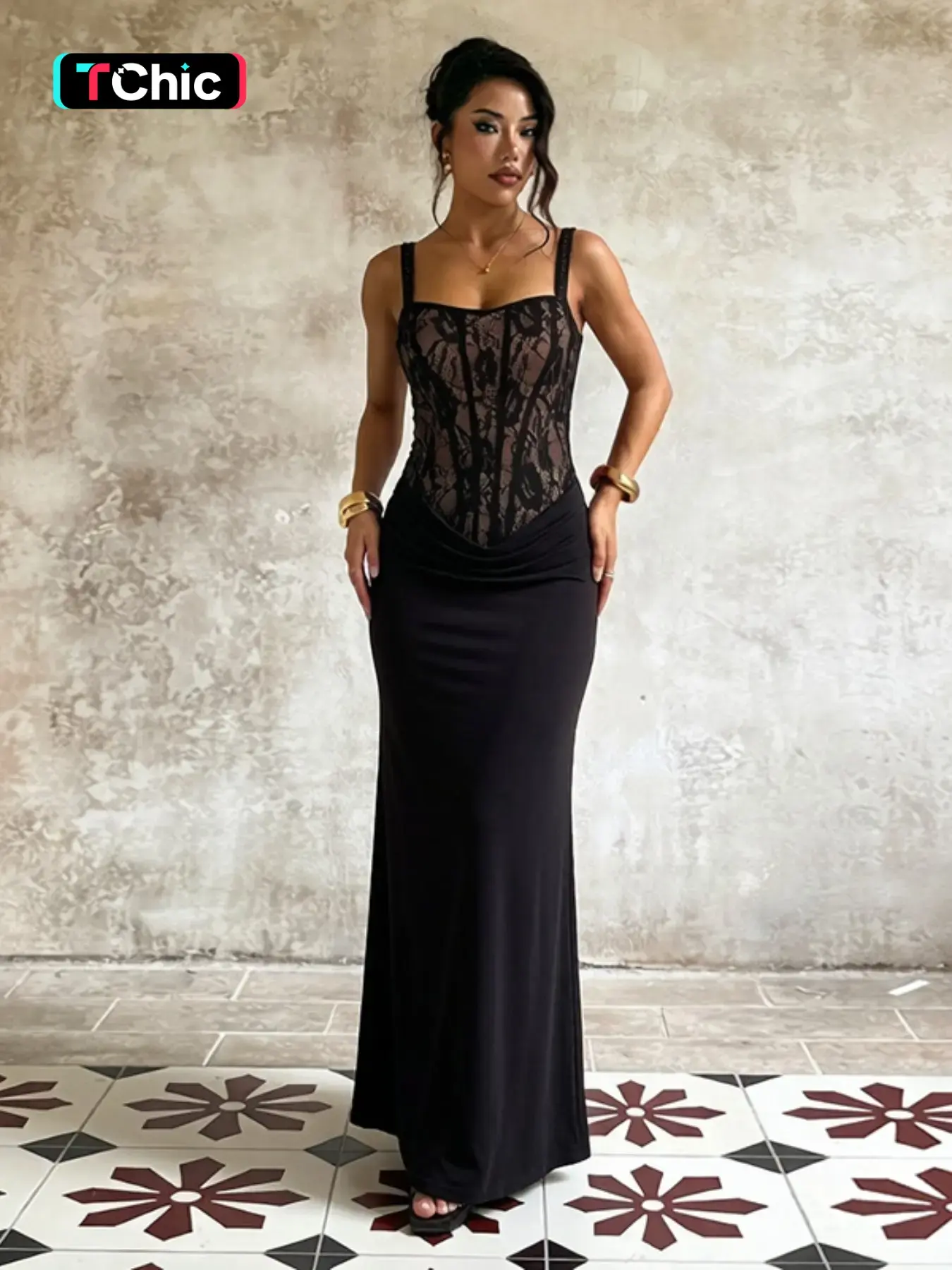 Women's Sexy Lace Patchwork Sleeveless Spaghetti Strap Bodycon Long Formal Evening Prom Glam Gown Dress, Perfect for Dates, Nightclubs, Cocktail Parties, Birthday Parties, Homecoming Dances