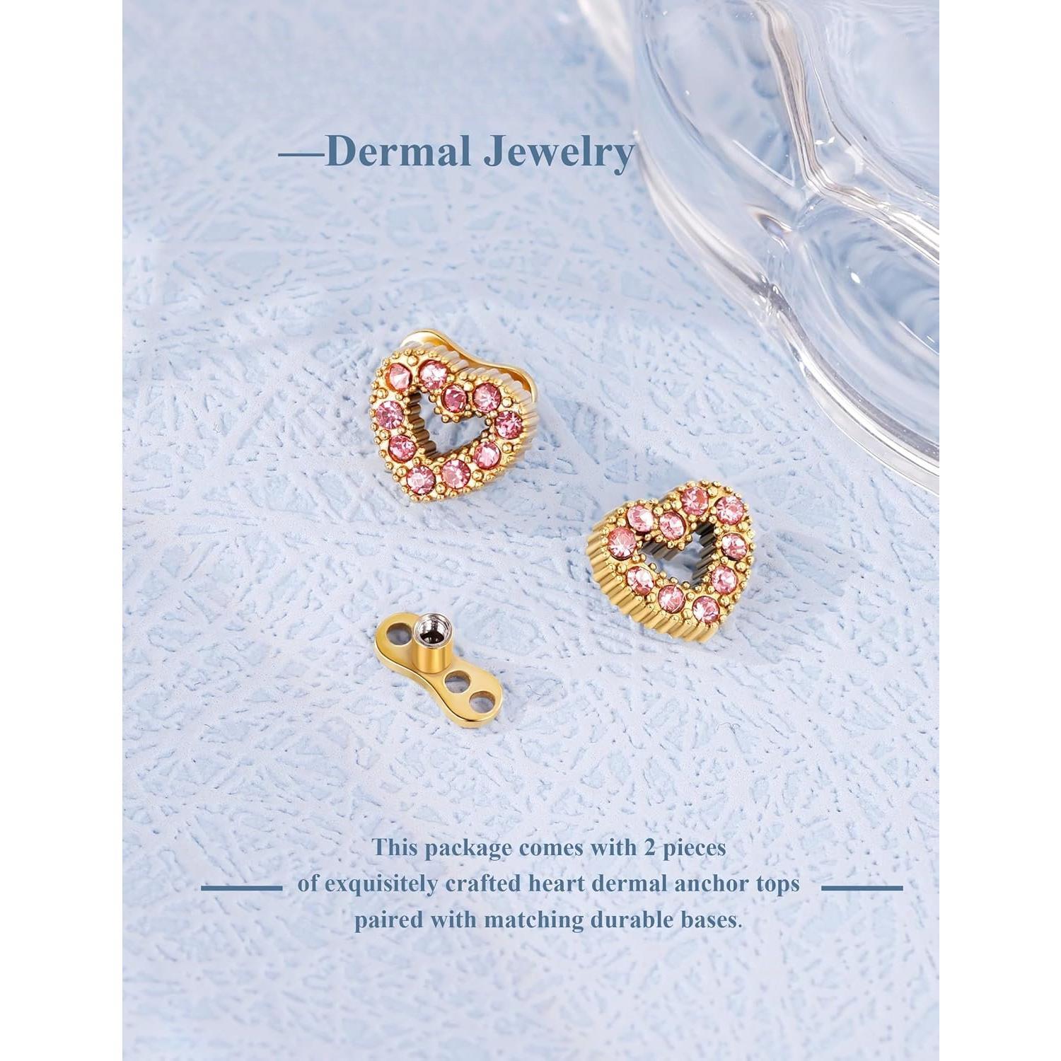 2 count 14G Titanium Heart Dermal  Tops and Base for Women Men | G23 Titanium  CZ Dermal Anchor Tops and Base,     Dermal , Microdermals Internally Threaded Stud