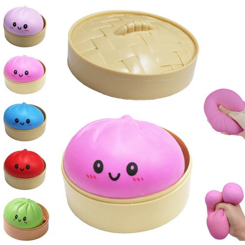 New Colorful Dumpling Squishes Stress Ball Fidget Sensory Toy Simulation Food Squishies Bun with Steamer Squeeze Dough Ball Gift