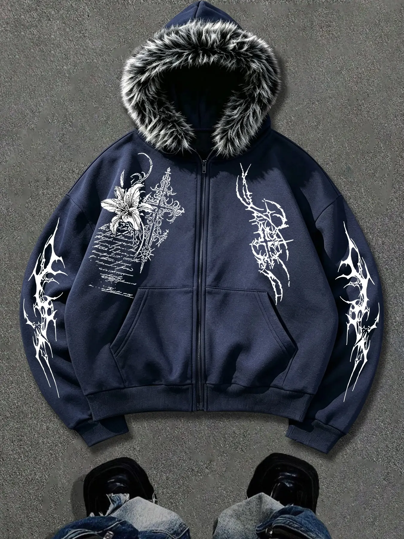 Y2K Faux Fur Lined Zipper Hoodie, Gothic Cross Lily Print, Dark Streetwear Jacket, Casual Retro Hooded Sweatshirt for Daily Wear, Aesthetic