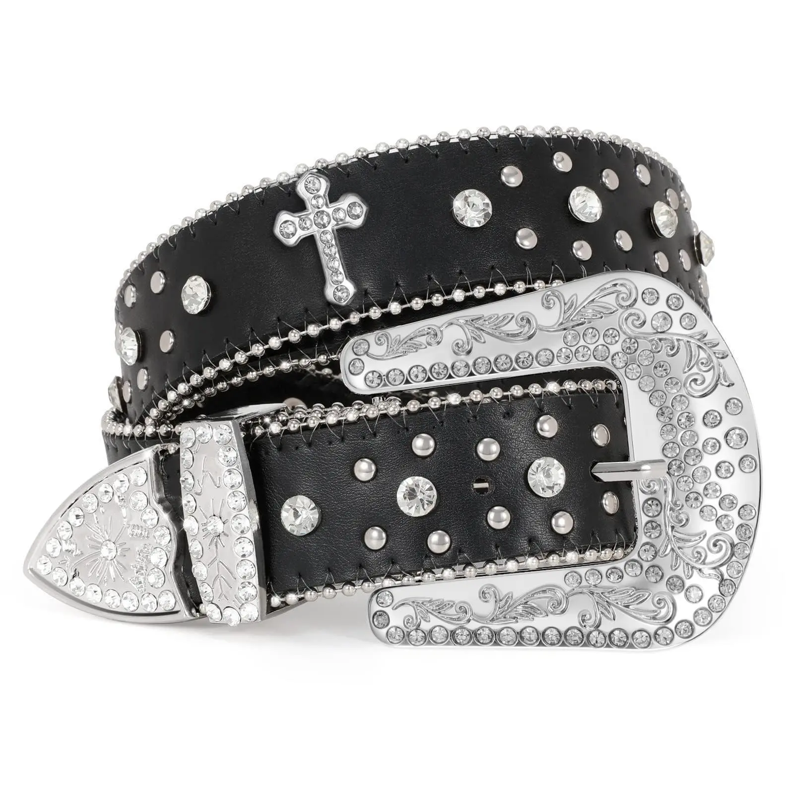 JASGOOD Rhinestone Studded Belt for Men Women, Western Leather Belt for Cowgirl Cowboy Vintage Bling Belt for Pants Dress