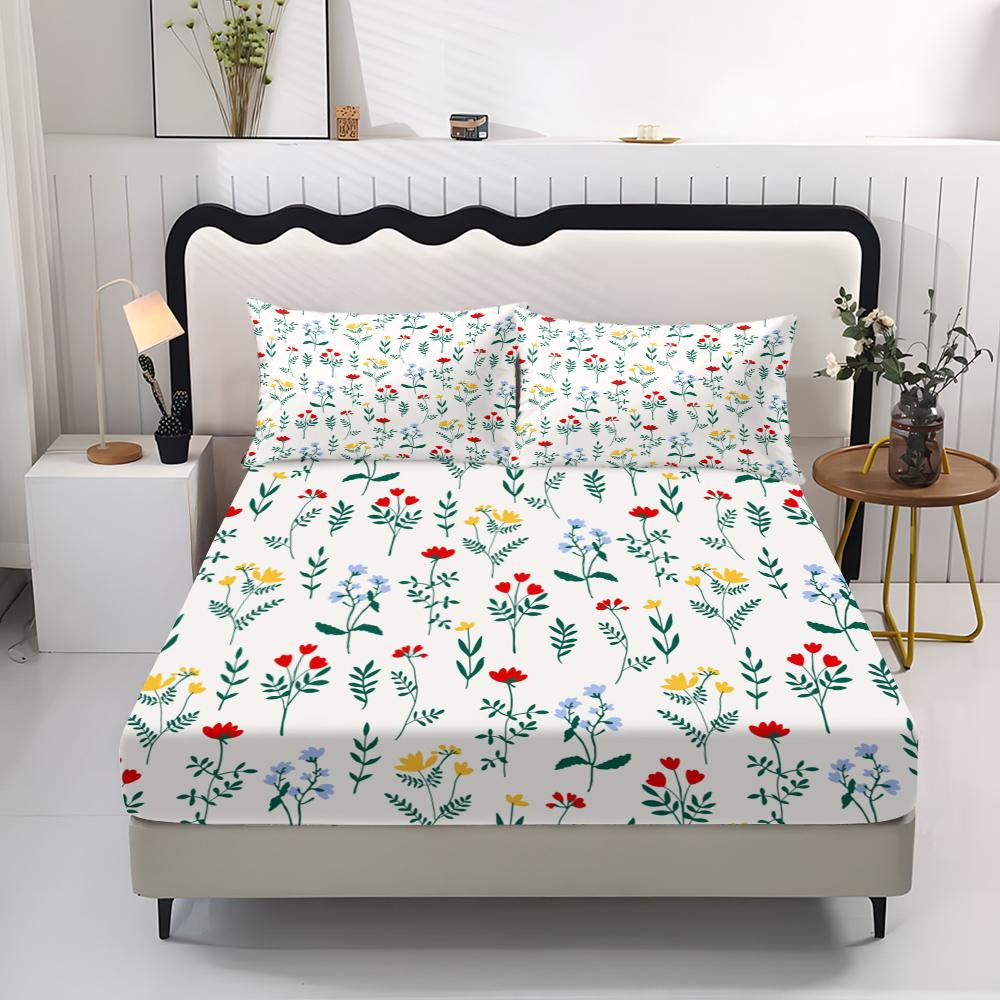 Three pieces with small floral patterns in the three primary colors  Print Fitted Sheet Set (1 Fitted Sheet + 2 Pillowcases), Casual Style, High-Quality Bedding for Bedroom or Guest Room