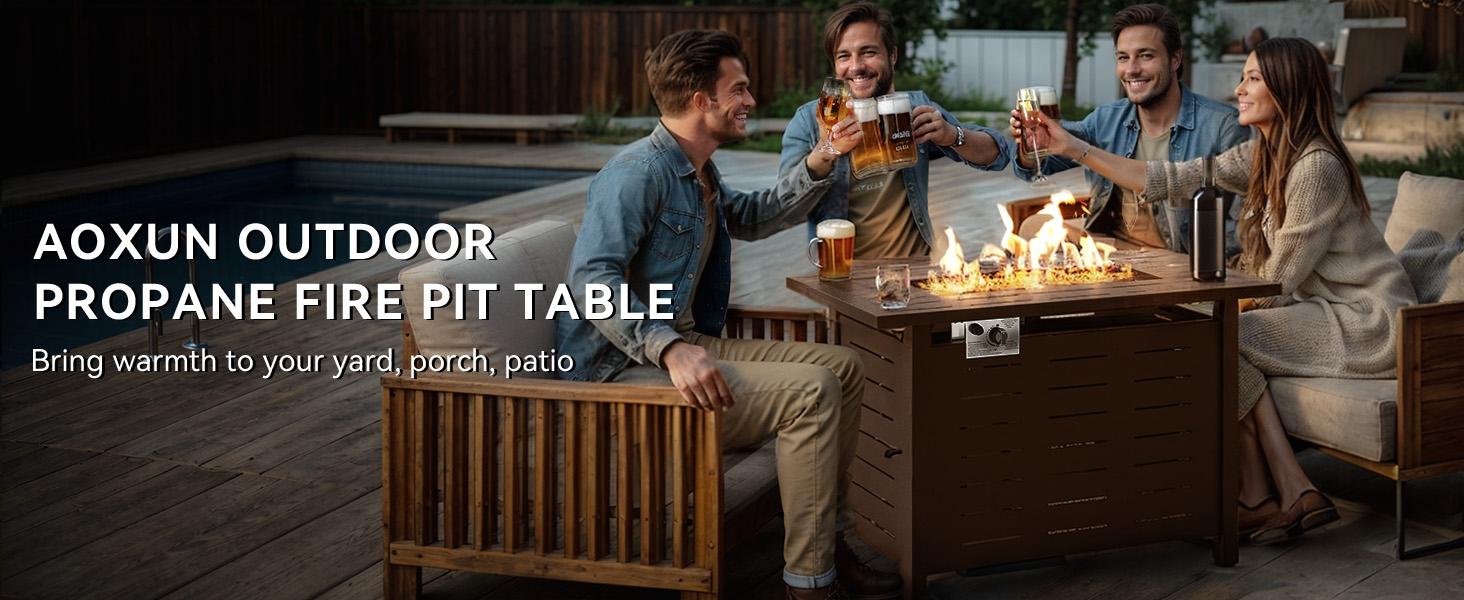 Aoxun Heavy Duty Rectangular Propane Fire Pit Table (41/44 in) - Outdoor Fire Pits for Backyard, Patio Steel Tabletop Firepit with Waterproof Cover, Lava Rock, 50000 BTU, Garden, Tabletop Fire Pit
