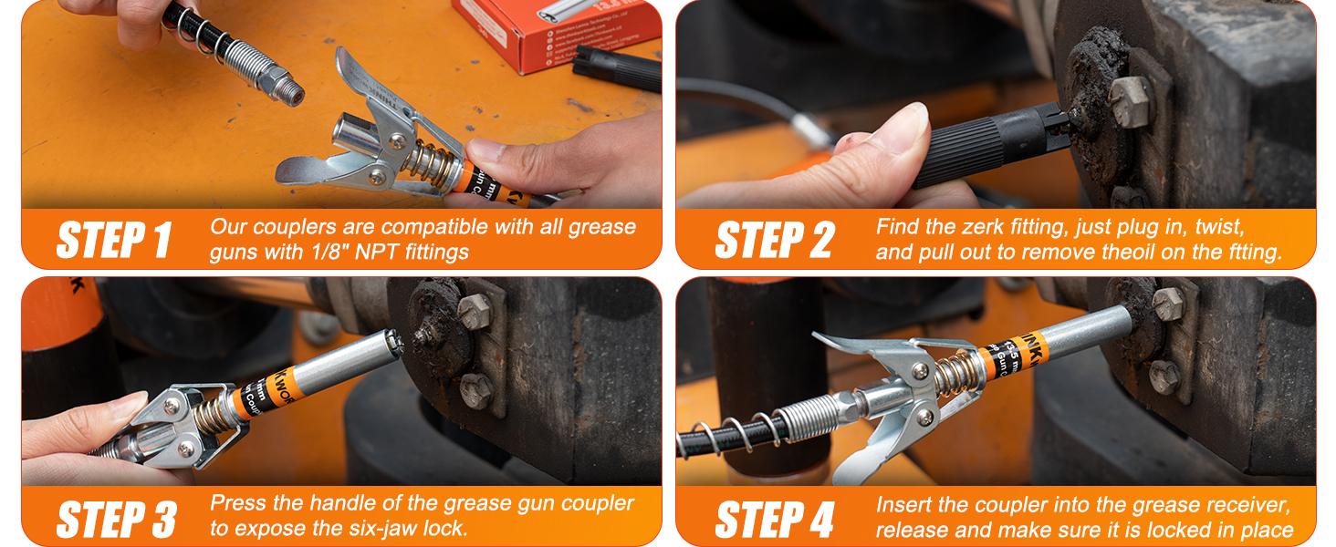 Gun Coupler, Handle Reach, Lock on Greases Gun Couplers, 12000 PSI Quick Release Coupler,Compatible with All Guns 1/8" NPT Gun Fitting