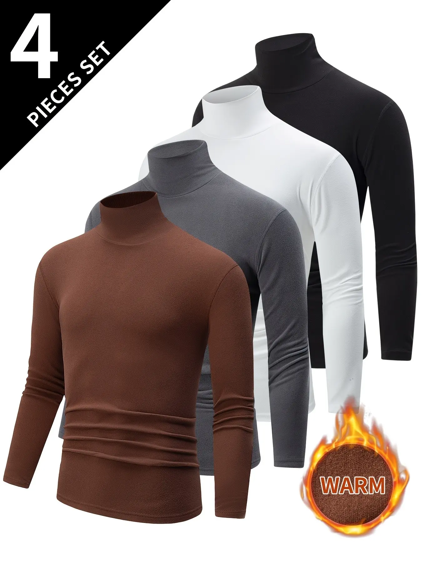 4-Pack Men's High Neck Long Sleeve T-Shirts, Fall Winter Thick Warm Casual Innerwear, Geometric Pattern Slim-Fit Base Layer Shirt Clothing