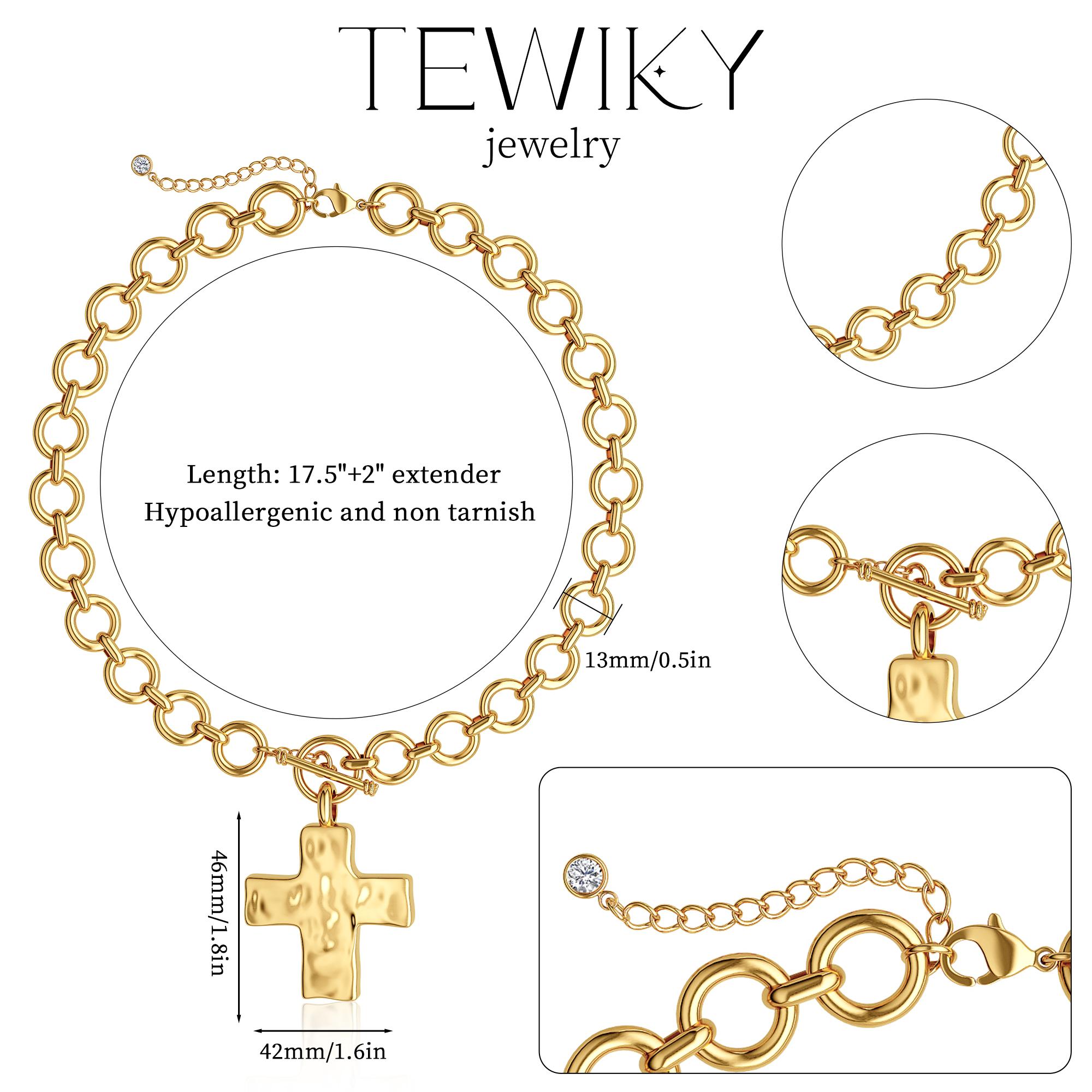 Loyalove&Tewiky Gold Chunky Cross Necklace for Women Statement Cross Pendant Necklace Layered Hammered Bold Cross Necklace Vintage Toggle Clasp Necklace Jewelry For Easter Gift