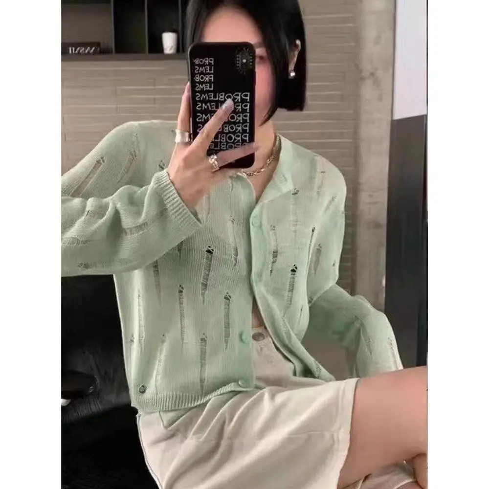 Distressed Button Front Knit Top Sweater Cardigan Women Long Sleeve Ripped Blouse Summer Cover Up Teen-girl Grunge Y2K Outfit