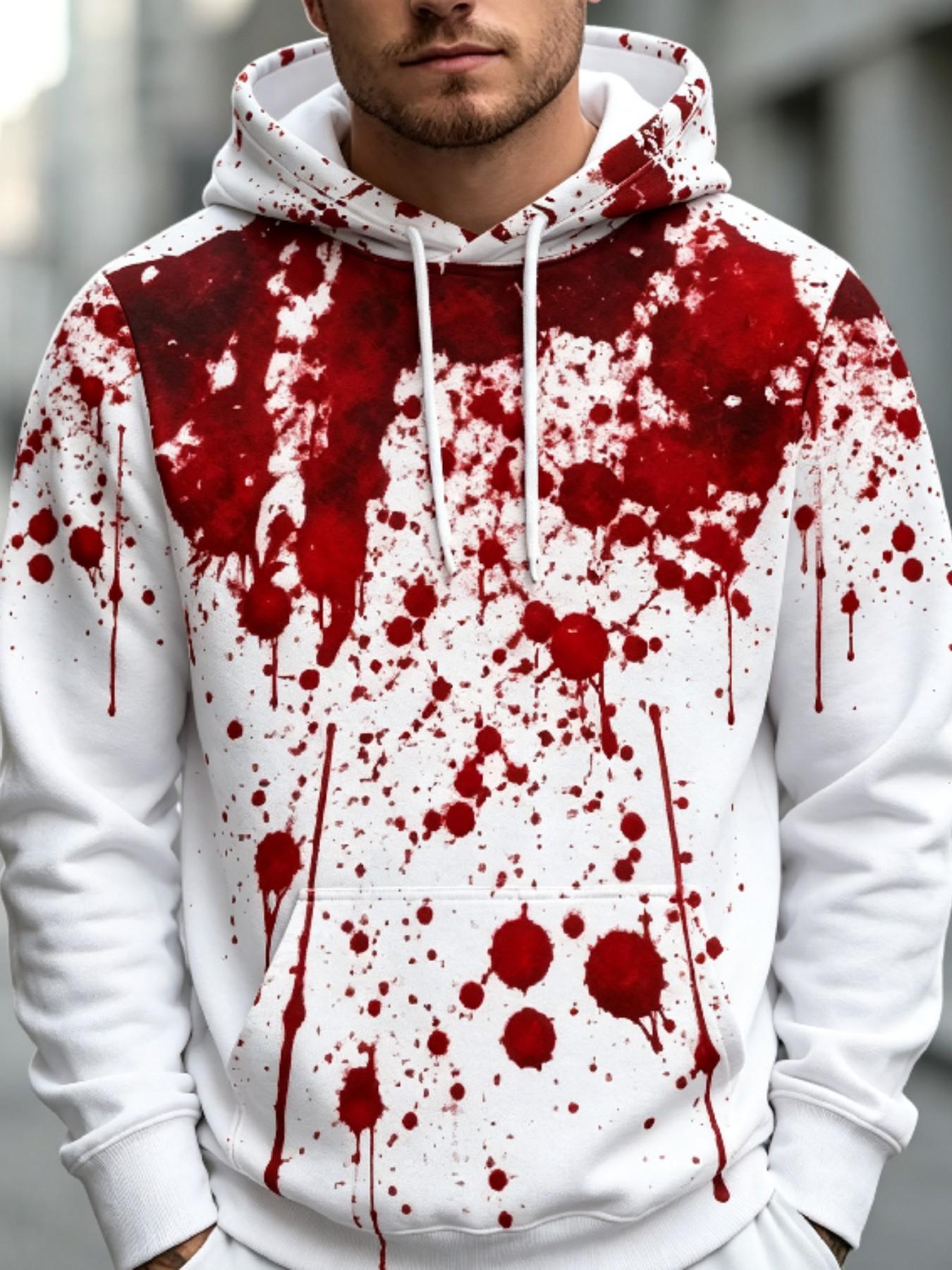Men's Drawstring Pullover Hoodie Sublimation Fabric White Base Full Coverage Splattered Blood Stain Vertical Drip Print Graphic Sweatshirt Long Casual Fit Horror Streetwear Halloween Party Cosplay Daily Outdoor Top