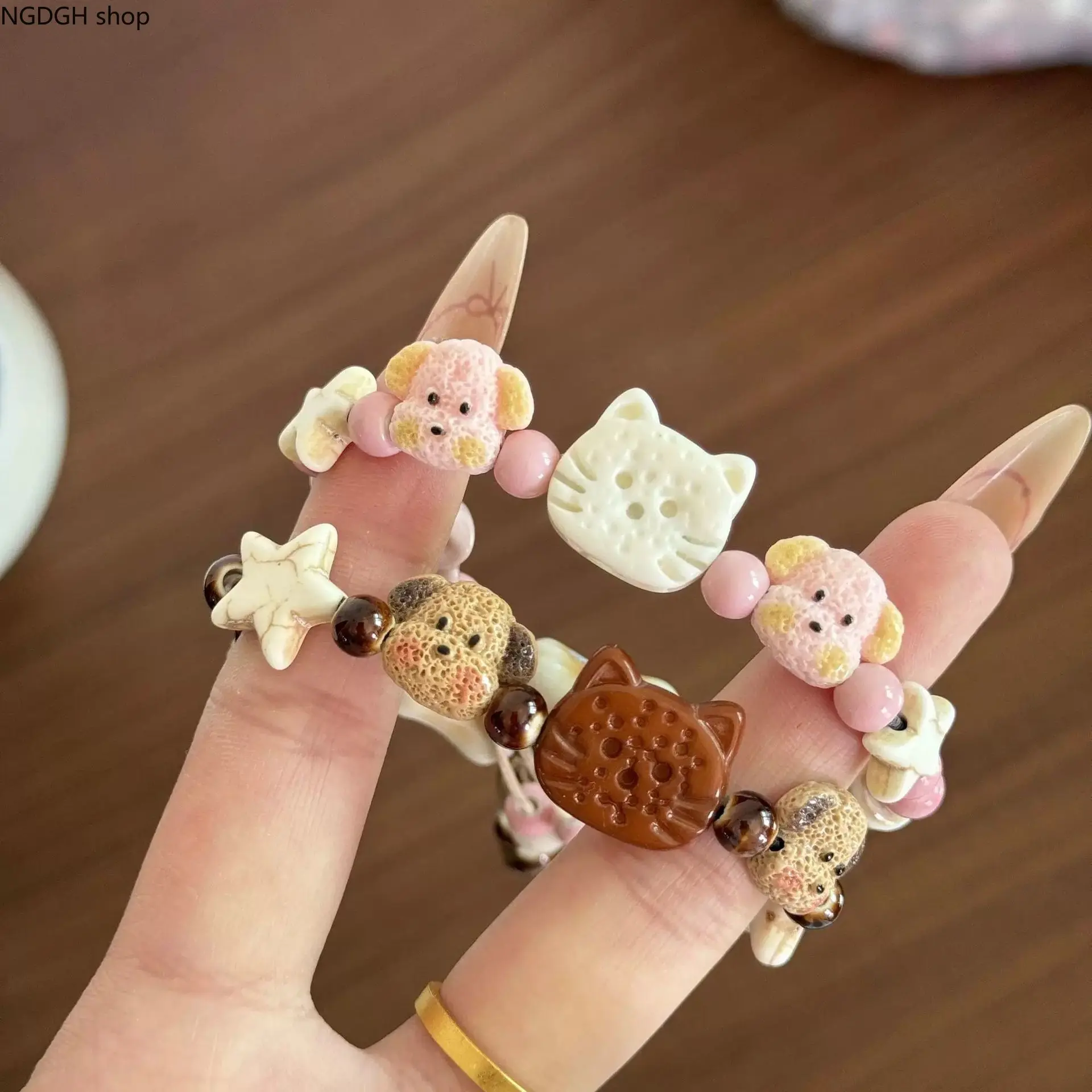 Cute Cartoon Dog Cat Ceramic Bead Bracelet,Handmade Adjustable Braided Pull‑String Wristband,Vintage Y2K Animal Star Flower Beaded Jewelry for Women Teen Daily Dating Gift