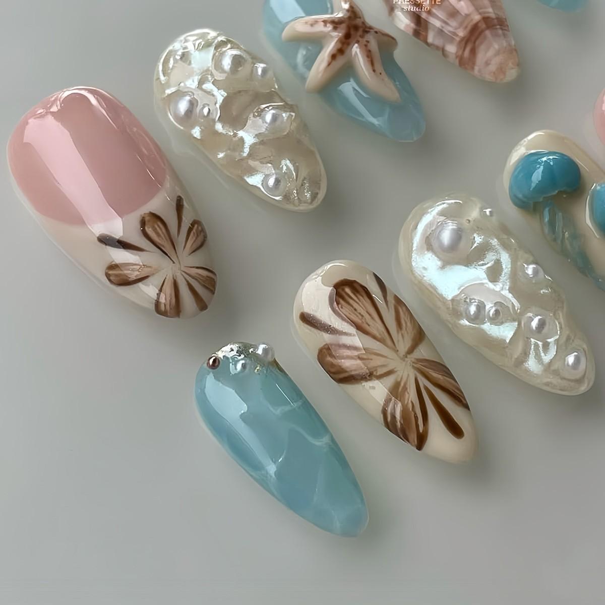 10 Pcs 3D Ocean Shell Starfish Almond Nails, Blue Wave Pattern with Natural Pearl Accents, Glossy Fake Nails for All Women, Party, Vacation, Daily Wear