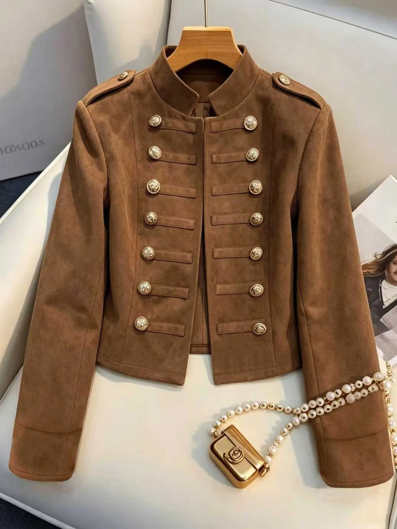 Women's Fall Faux Deer Skin Short Jacket, Stand Collar Double Button Long Sleeve Top, Button Shoulder Decor, Vintage Elegant Open Front Coat