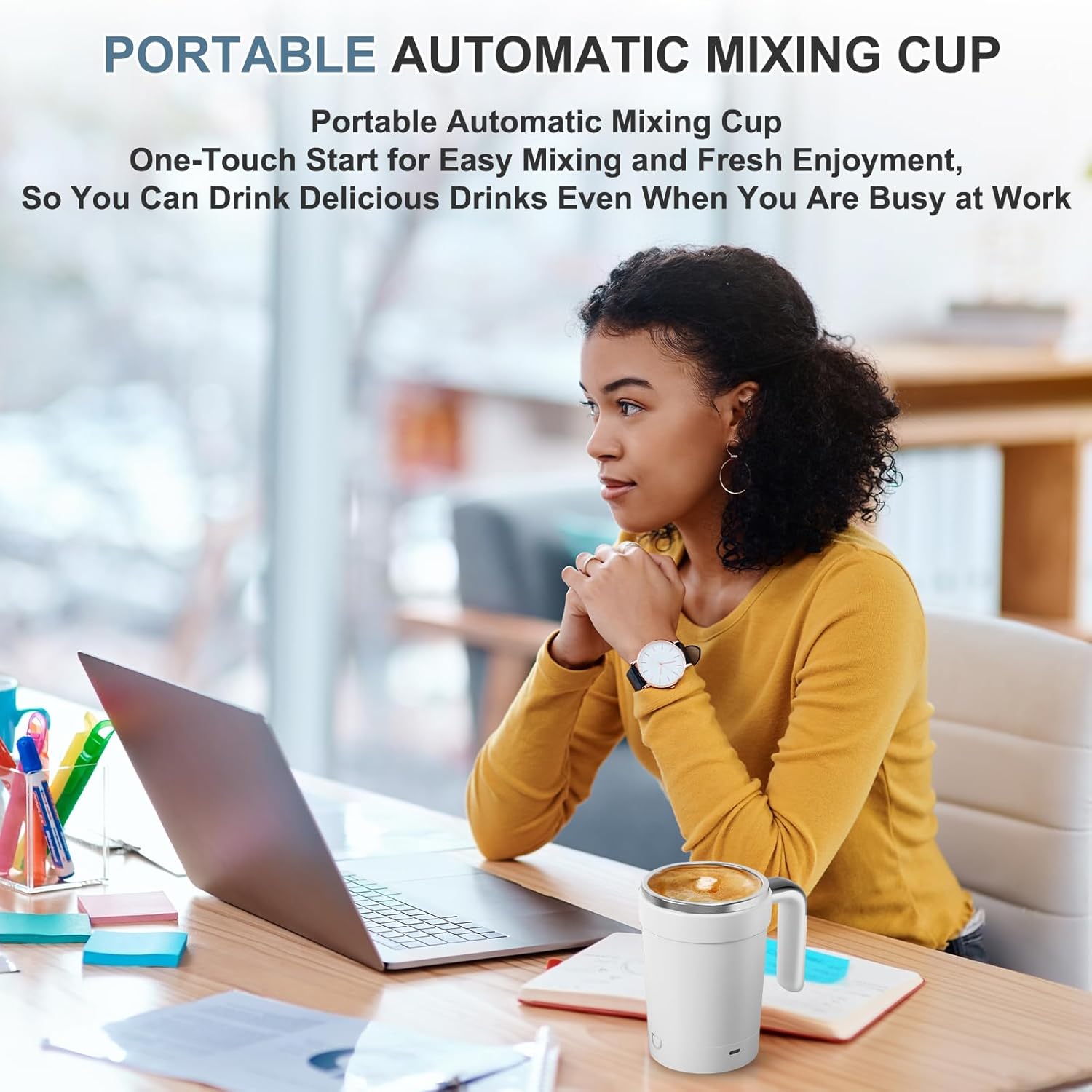 Automatic Stirring Coffee Cup, Rechargeable Automatic Stirring Cup with Temperature Display, Drinking Cup Lid with Straw, Suitable for Coffee, Tea and Hot Chocolate, Stirring Mug