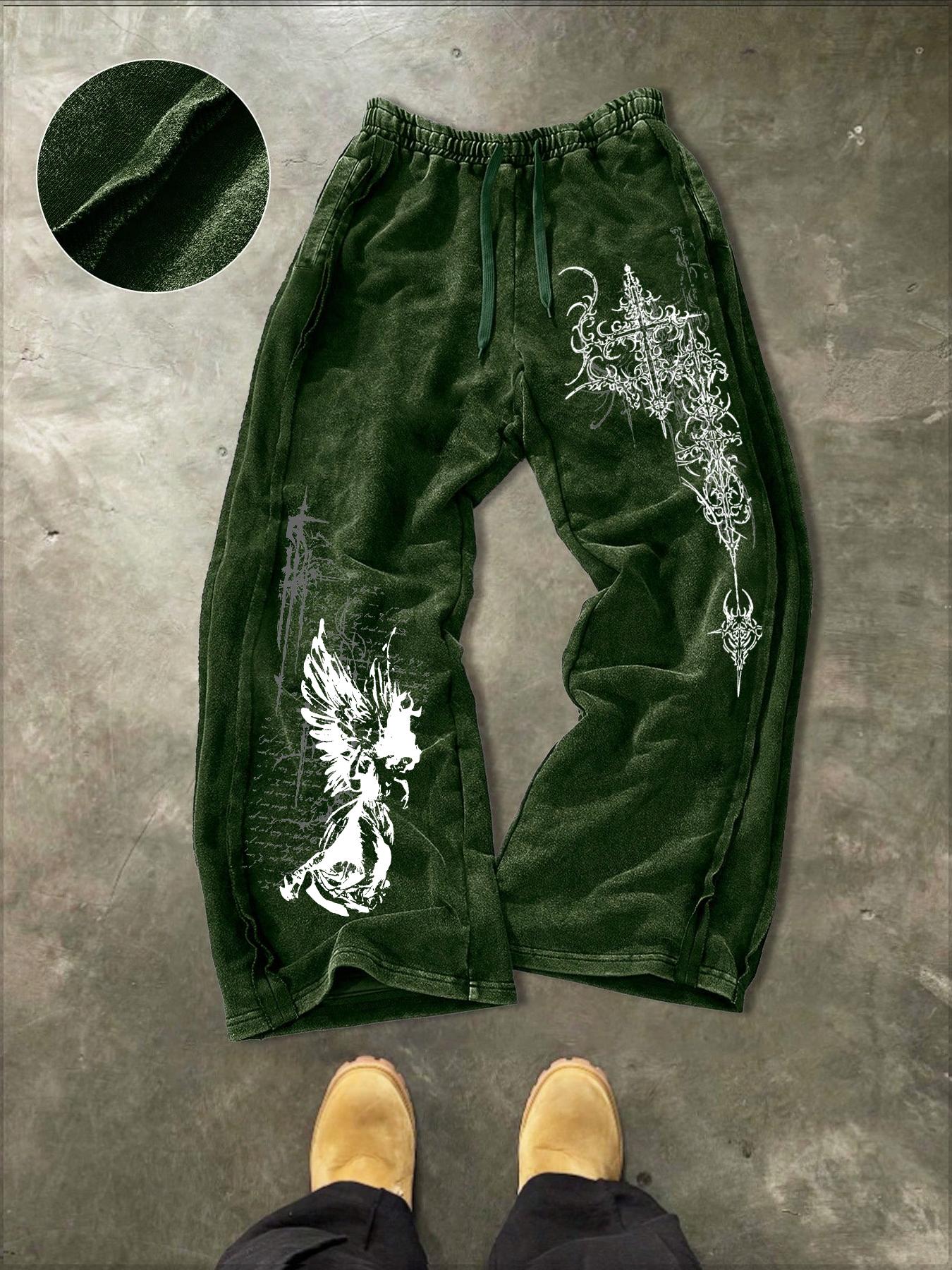 Men's Washed Cotton Sweatpants with Side Hem Stitching Design, Gothic Print Pattern, Comfortable Casual Pants for Daily Wear