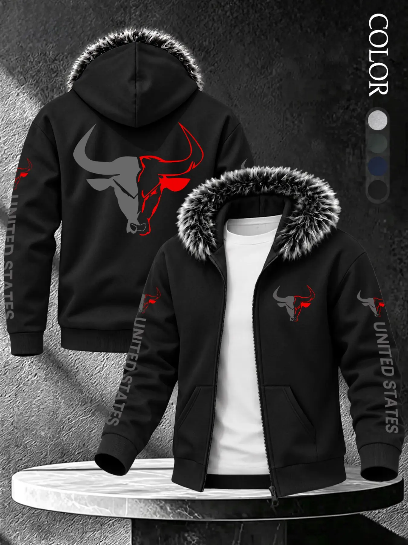 Men Faux Fur Trim Hooded Zip Up Jacket, Bull Head Graphic Print Winter Thick Coat, Casual Streetwear Loose Fit Outerwear for Cold Weather #MensWinterJacket #StreetwearJacket #BullPrint #WinterOOTD