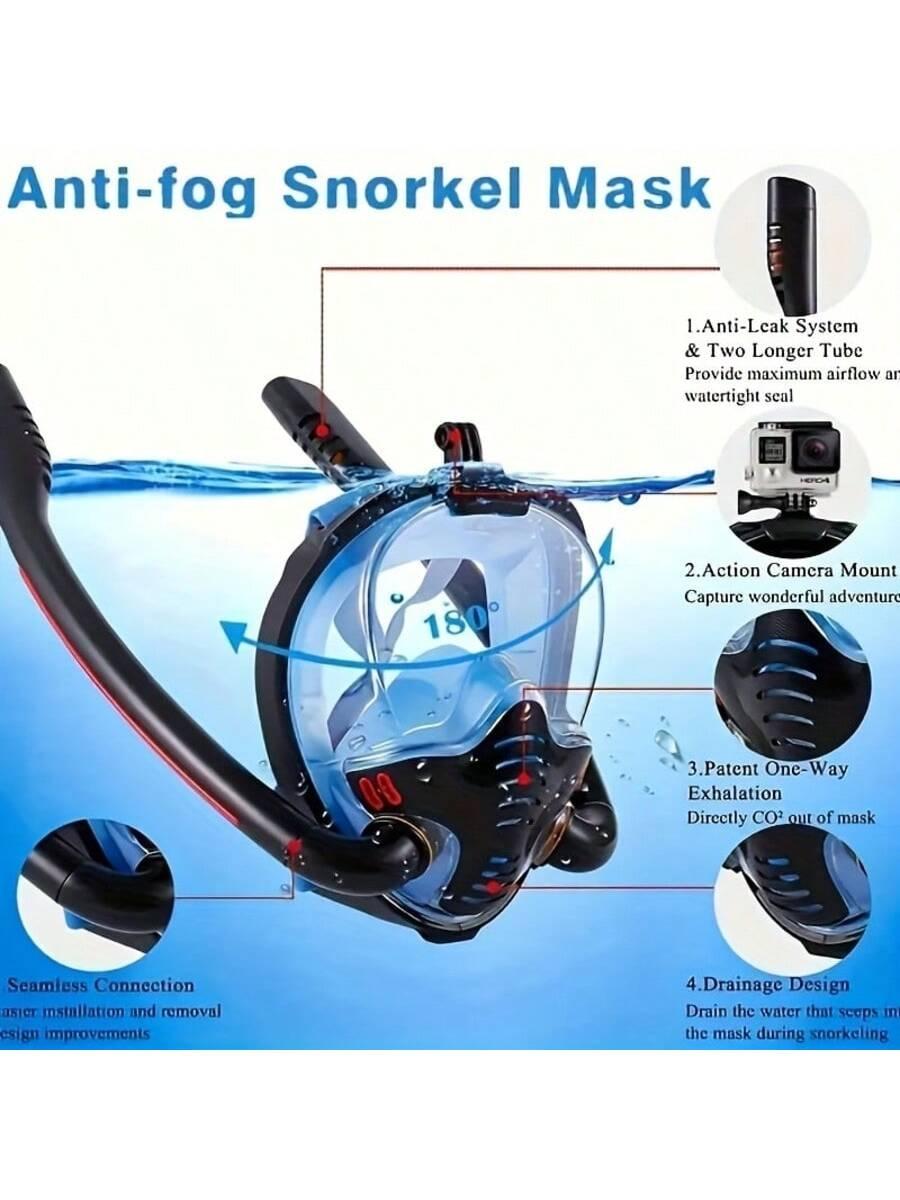 Professional Double Tube Full Snorkeling Mask, 180° Panoramic Anti-Fog Diving Mask, Dry Top System, Detachable Camera Bracket, Adult Snorkeling Equipment, Diving Gear