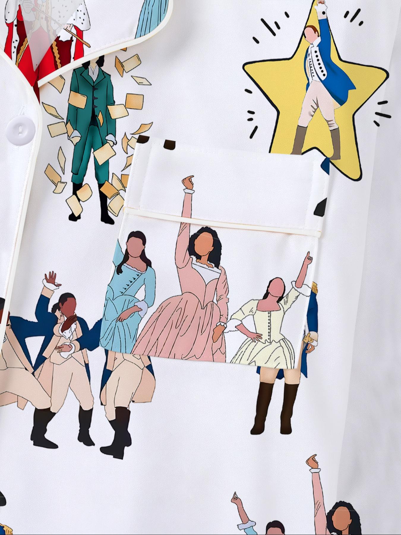 Hamilton Musical Print Women's Pajama Set, Long Sleeve Shirt Collar Button Soft Top & Elastic Pants, Casual Home Wear Loungewear