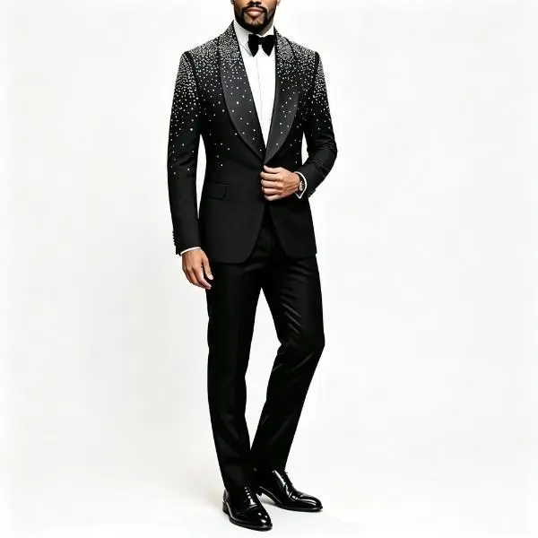 Men's 2-Piece Luxury Full Rhinestone Formal Suit - Classic Luxury, Fitted, Flattering, High-Style Men's 2 Piece Sets, Black Shawl Lapel, Single Breasted, Long Sleeves, Pro Slim, Royalty Style, Sequined Blazer & Pants Set for Groom, Wedding, Classic Luxury