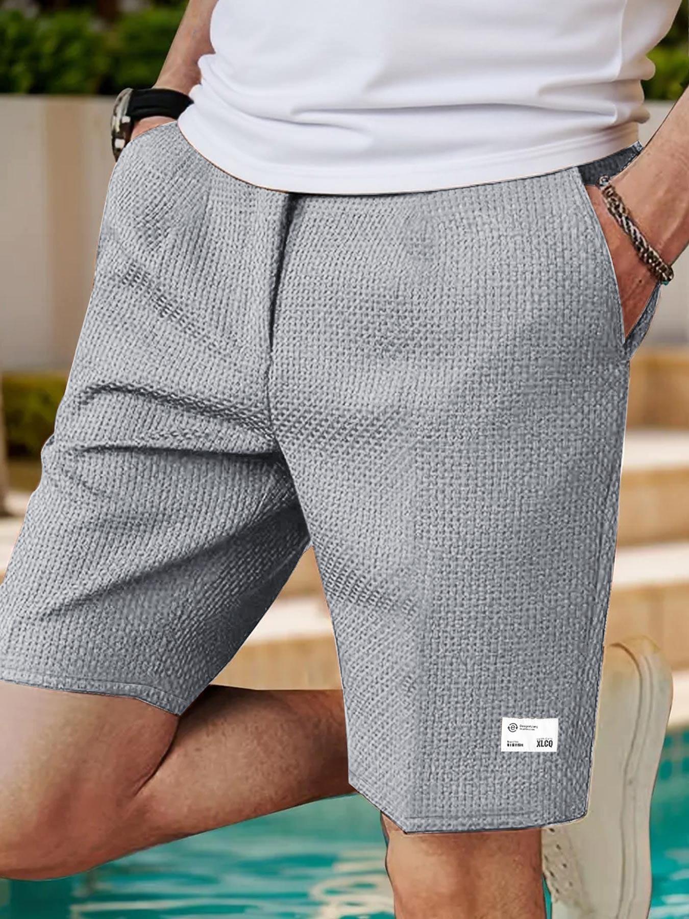 Men's Summer Streetwear Loose Fit Gym Shorts, Elastic Waist Textured Shorts, Trendy Waffle Pattern Lightweight Skateboard Shorts