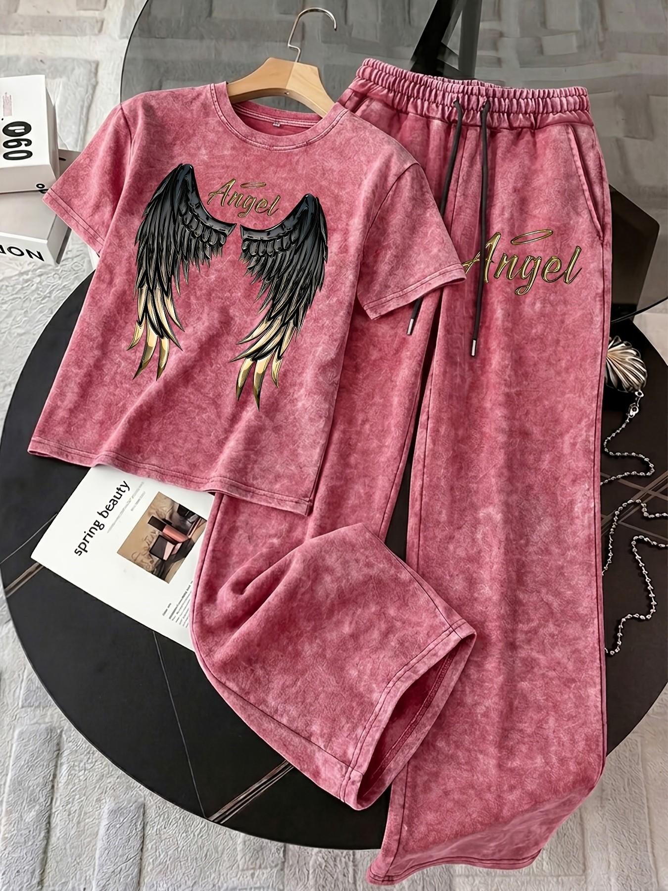 2-Piece Set, Distressed Casual Outfit Featuring a Tri-Color Black & Gold Wing Print (Y2K Sweet-Cool/Baddie Style), Includes a Drop-Shoulder, Round Neck Short-Sleeve Top and Drapey Wide-Leg Trousers, Perfect for Everyday, Vacations, or Outings, Clothes