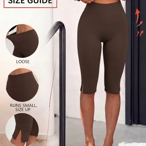 Women's Brown High-Waisted Capri Leggings, Stretchy Bodycon 3/4 Length Yoga Pants, Yoga Bottoms, Slim Fit Athletic Workout Running Sculpting, Summer Lounge Pants