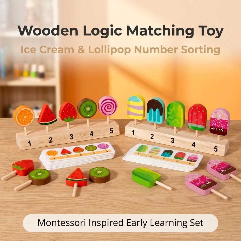 Wooden Number Matching Toy Set for Kids, Ice Cream Shape Early Education Blocks, Cognitive Game Kit, Christmas & Day Gift